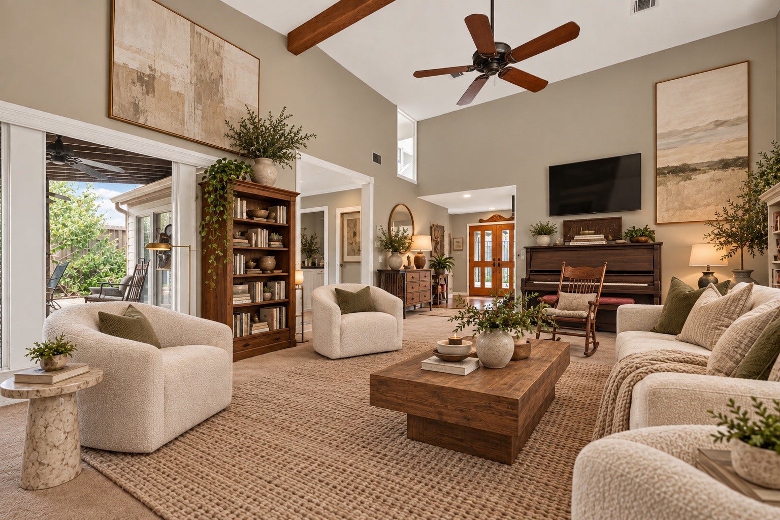 ** VIRTUALLY STAGED ** Spacious living room with high ceilings and a ceiling fan, featuring cozy seating arrangements, a piano, and abundant natural light from large sliding glass doors.