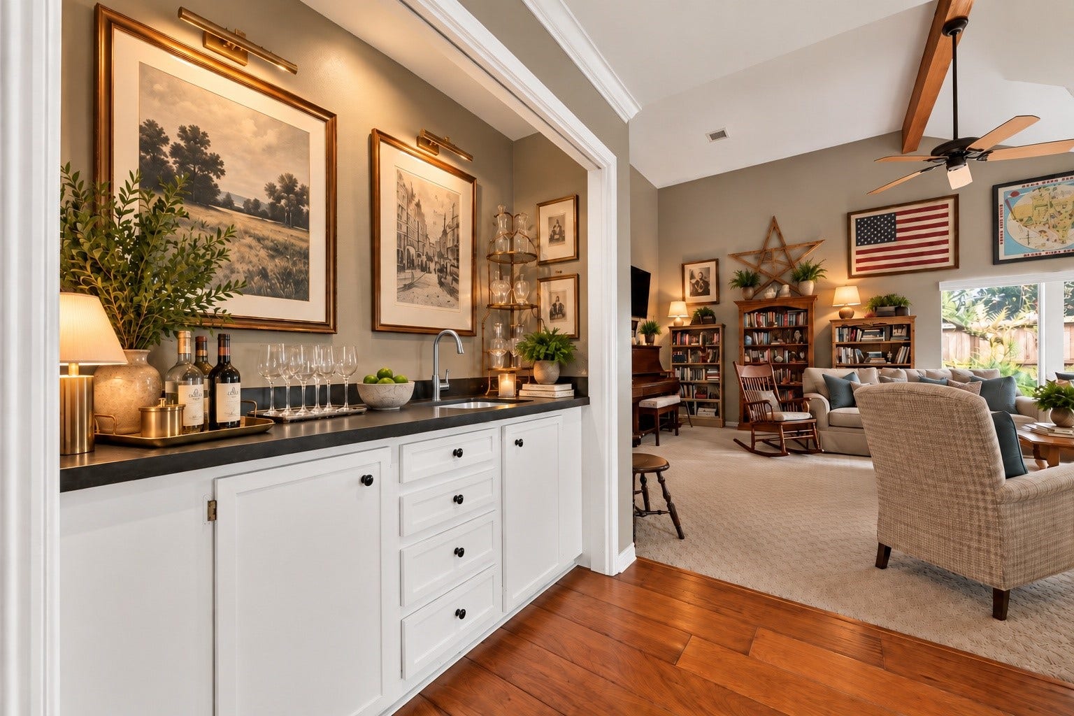 ** VIRTUALLY STAGED ** Open living space featuring a well-equipped wet bar and abundant natural light.