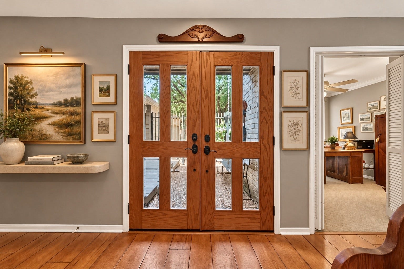 ** VIRTUALLY STAGED ** Entryway with elegant wooden double doors featuring glass panels, flanked by tasteful wall art. A glimpse into a cozy office space enhances the inviting atmosphere.