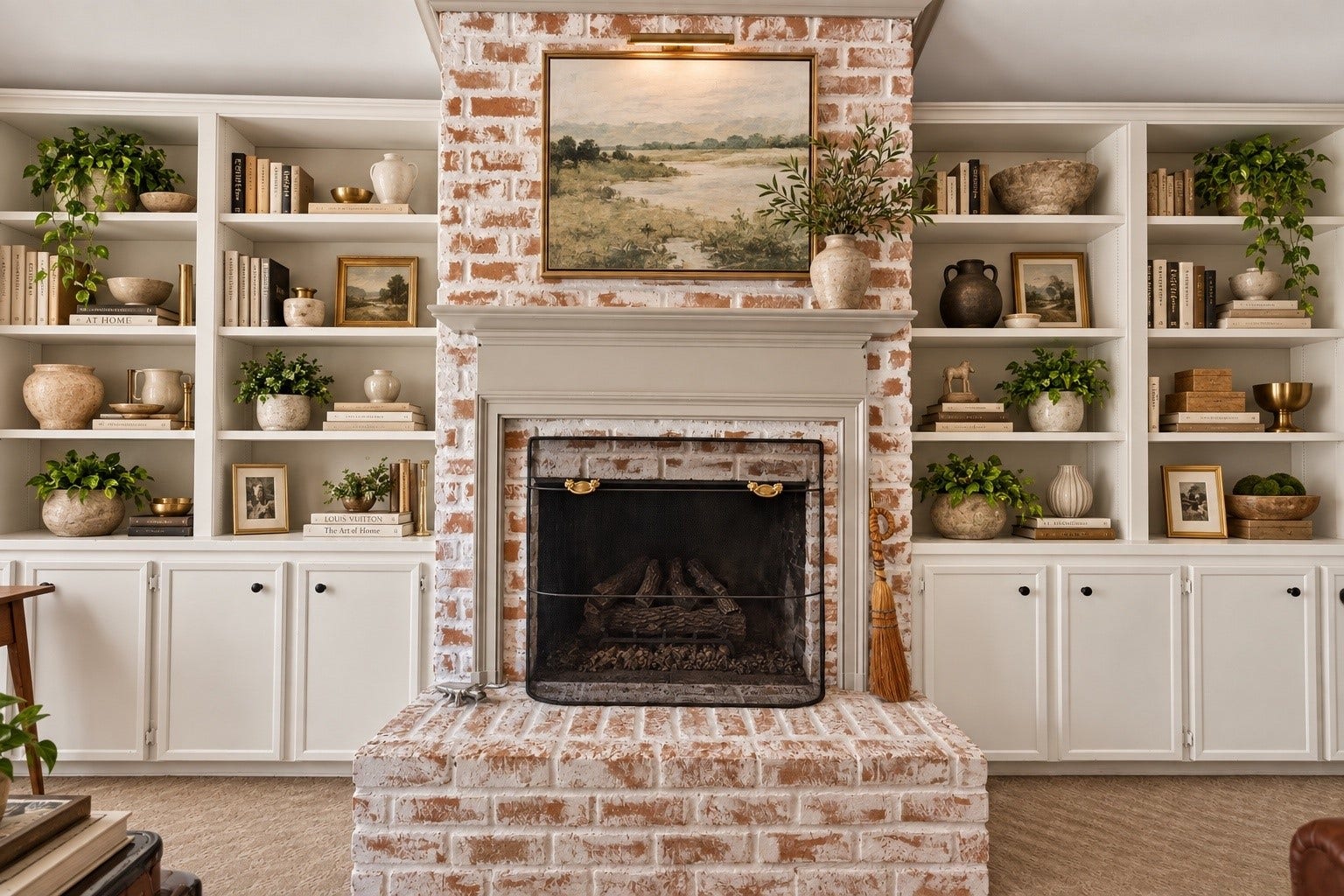 ** VIRTUALLY STAGED ** Living space featuring a rustic brick fireplace framed by custom built-in shelves, perfect for displaying books and decor.