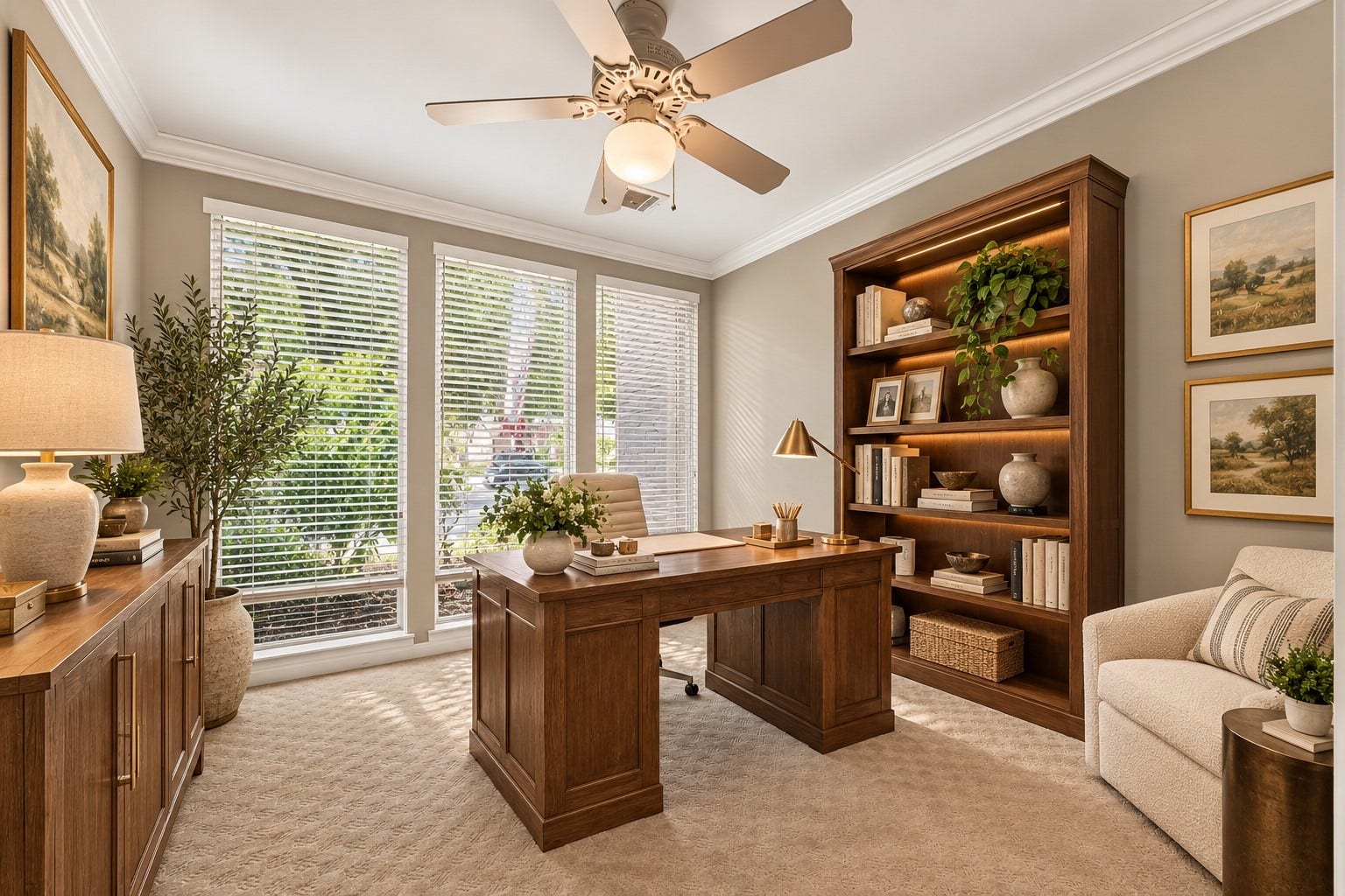 ** VIRTUALLY STAGED ** Home office with abundant natural light from large windows, featuring elegant wood furniture and tasteful decor, perfect for productivity and inspiration.