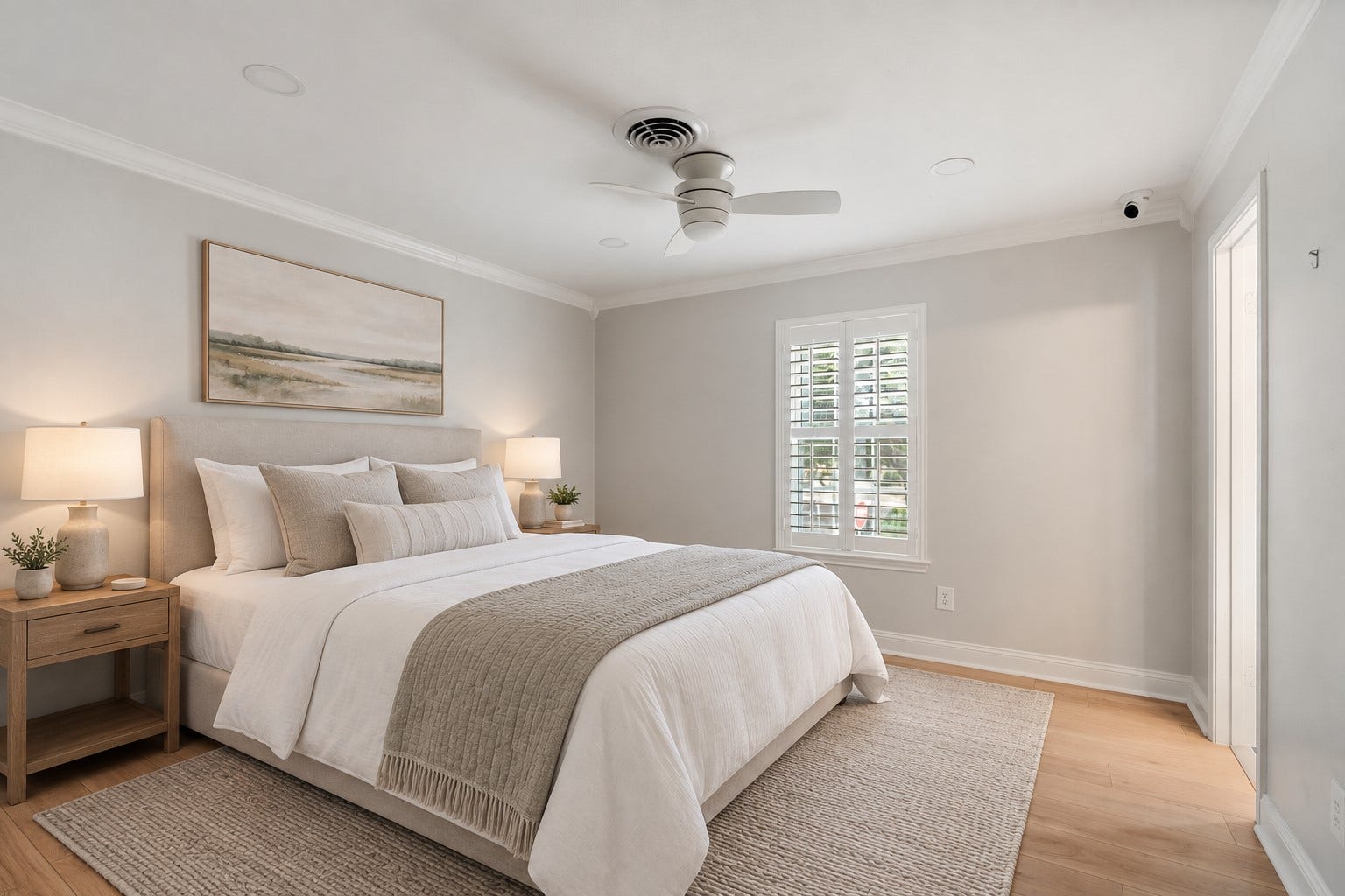 8619 La Fonte Street, Houston, TX 77024 Another secondary bedroom #3 located upstairs features light wood-look tile flooring, recessed lighting, crown molding and a modern ceiling fan. A window with plantation shutters brings in natural light, while two closets provide additional storage. The bedroom also includes its own ensuite bathroom. **NOTE: this photo has been virtually staged.