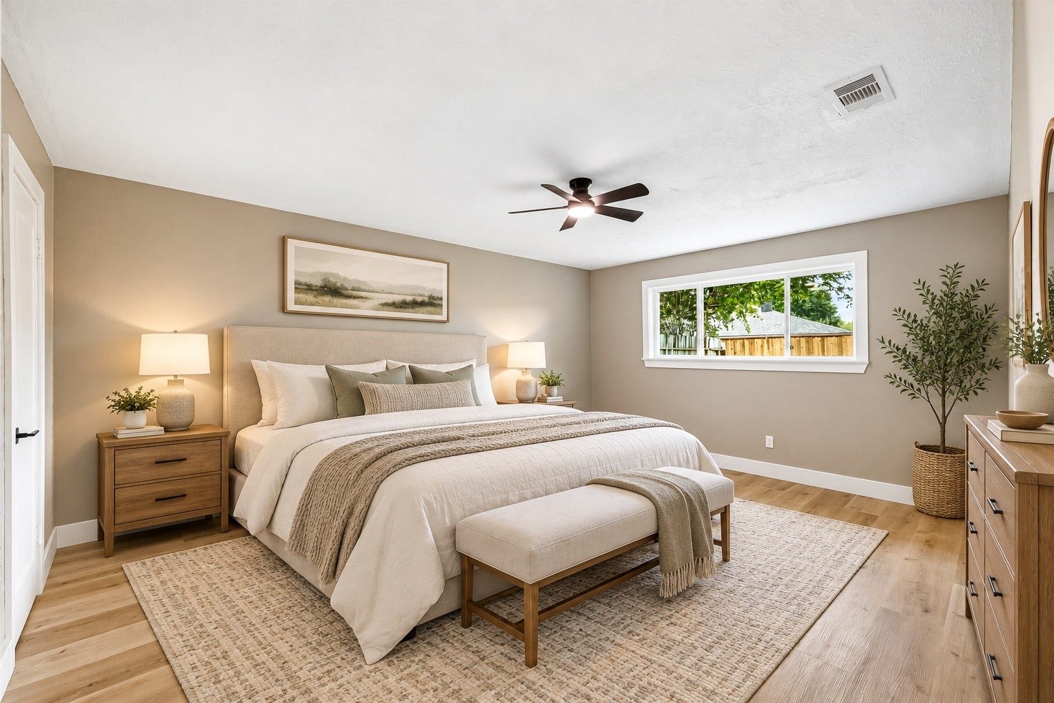 1803 Thornbrook Drive, Missouri City, TX 77489 Spacious bedroom featuring warm wood-look flooring, soft neutral tones, a modern ceiling fan, and a wide window bringing in natural light