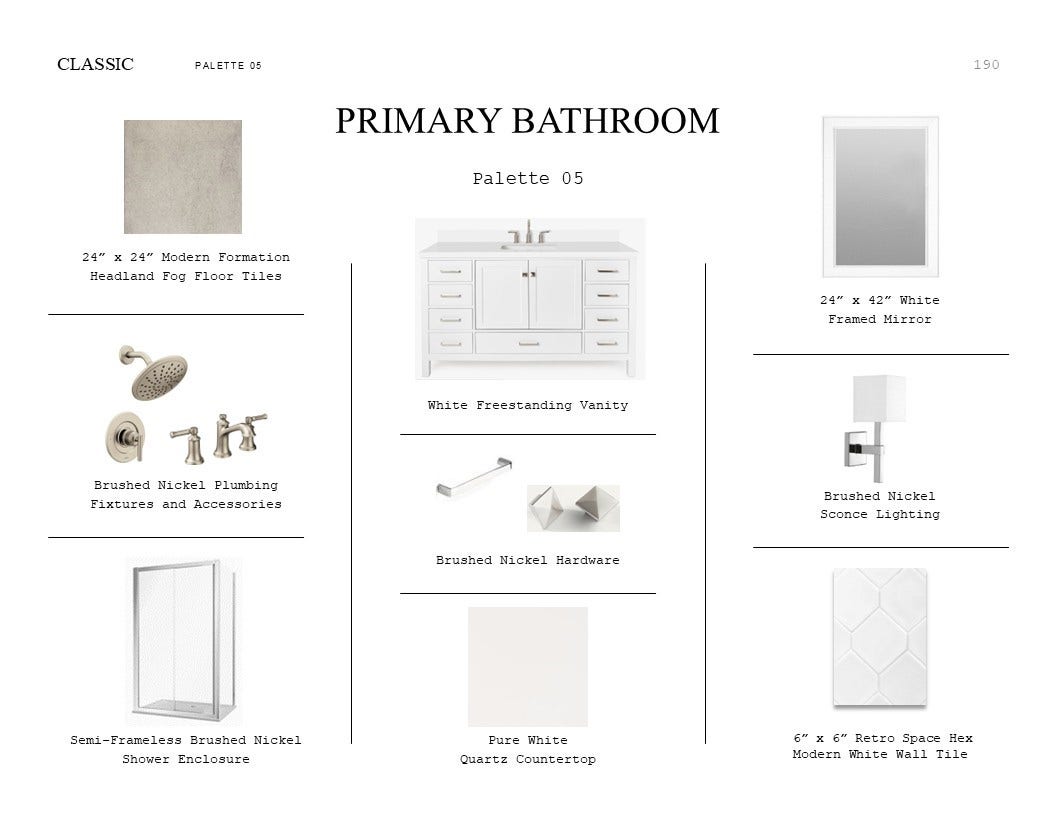 1801 S Wildflower Drive, Deer Park, TX 77536 Classic Look Palette 5: Primary Bathroom Selection Sheet (*Artist rendering used for illustration purposes only.)