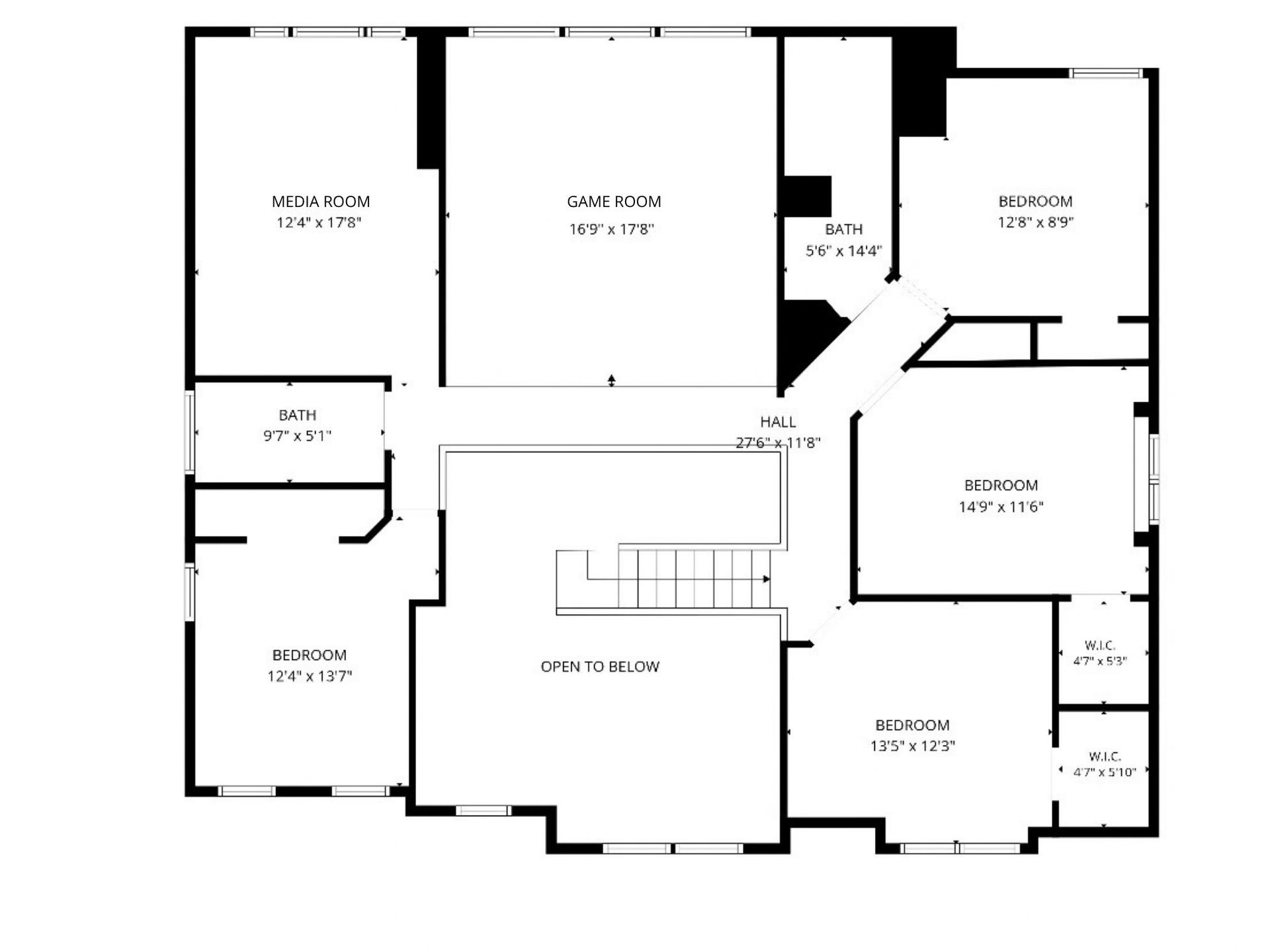 The second-floor plan illustrates the placement of the secondary bedrooms, game room, media room, and baths.