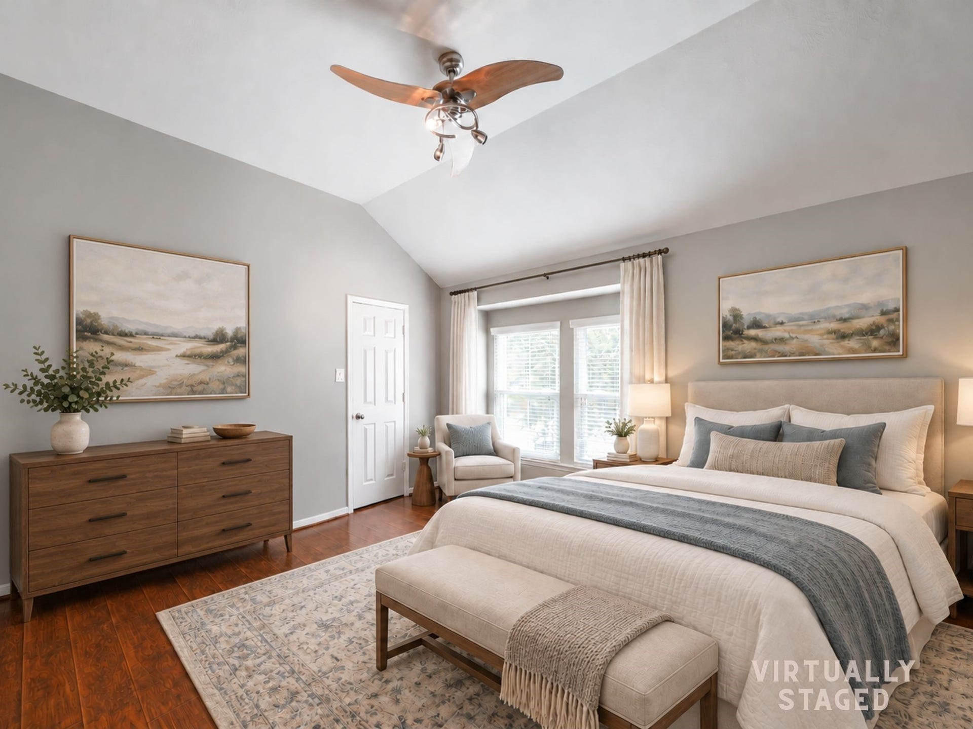 Virtually staged: This secondary bedroom is styled as a welcoming guest retreat, with a warm wood dresser, inviting bed, and a quiet window-side reading nook.