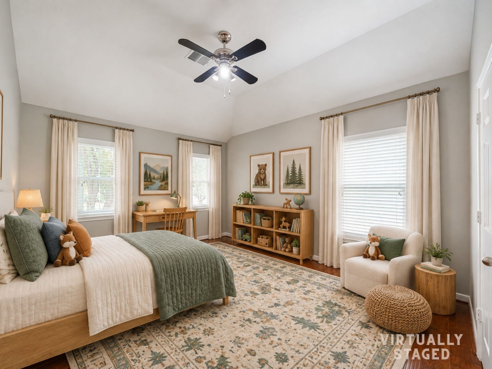 Virtually staged: Soft layered textures, a reading chair, and space for homework present this secondary bedroom as a cozy childs retreat.