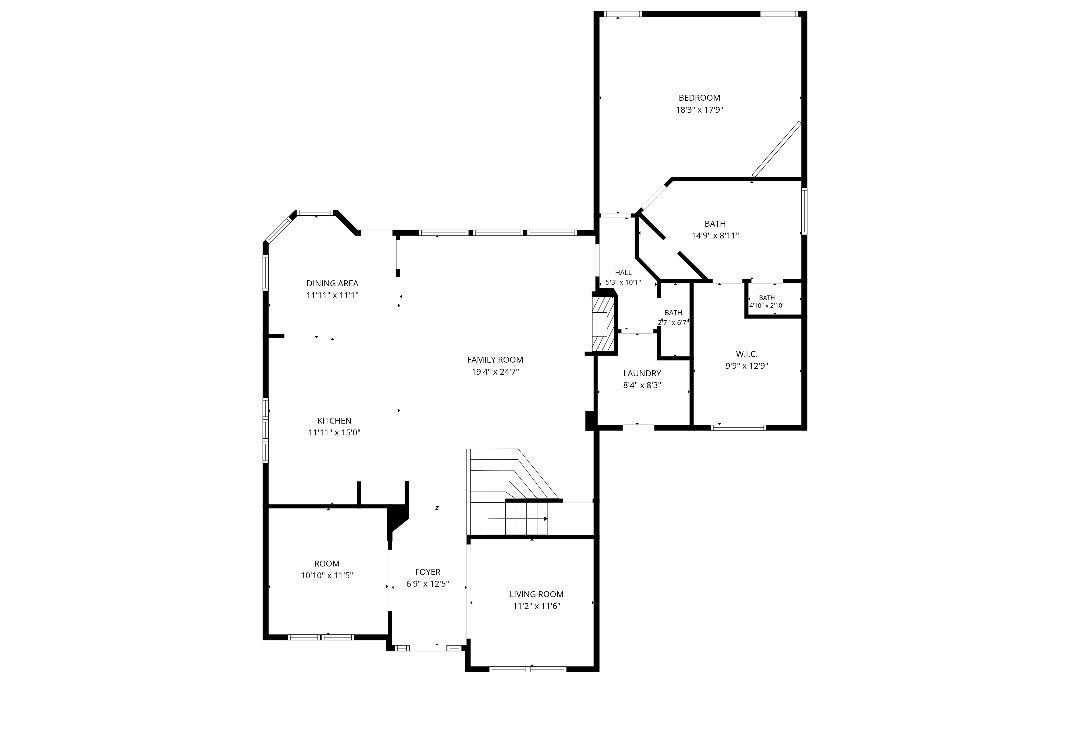The first-floor plan showcases the easy connection between the entry, formal spaces, kitchen, living room, and primary suite.