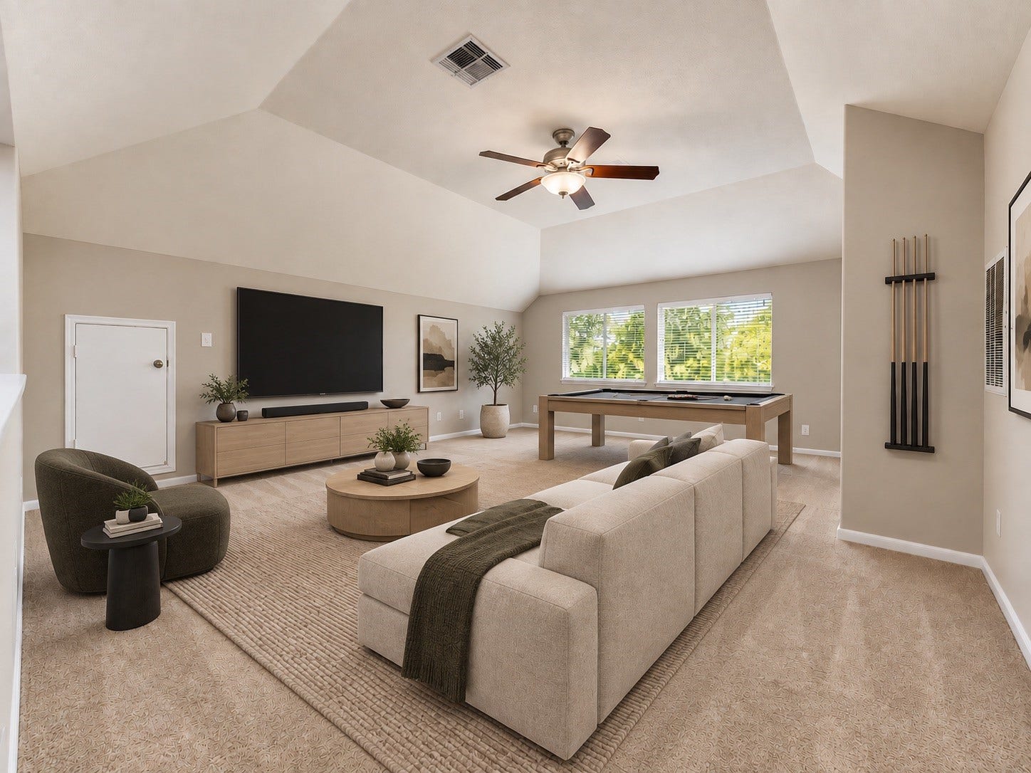 Game room on second floor. Virtually staged to help visualize the rooms potential.