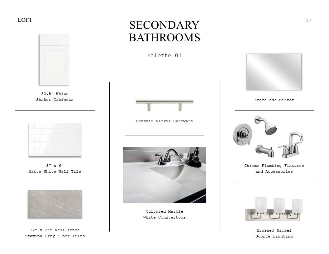 Loft Look Palette 1: Secondary Bathrooms Selection Sheet (*Artist rendering used for illustration purposes only.)