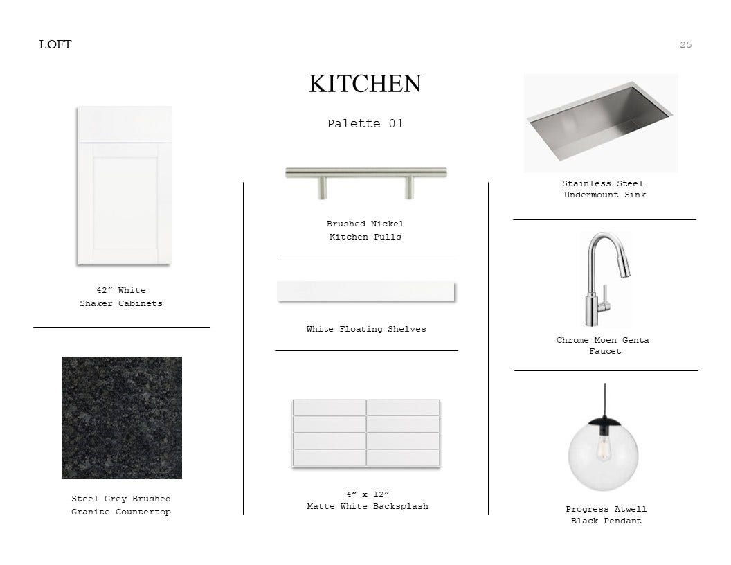 Loft Look Palette 1: Kitchen Selection Sheet (*Artist rendering used for illustration purposes only.)