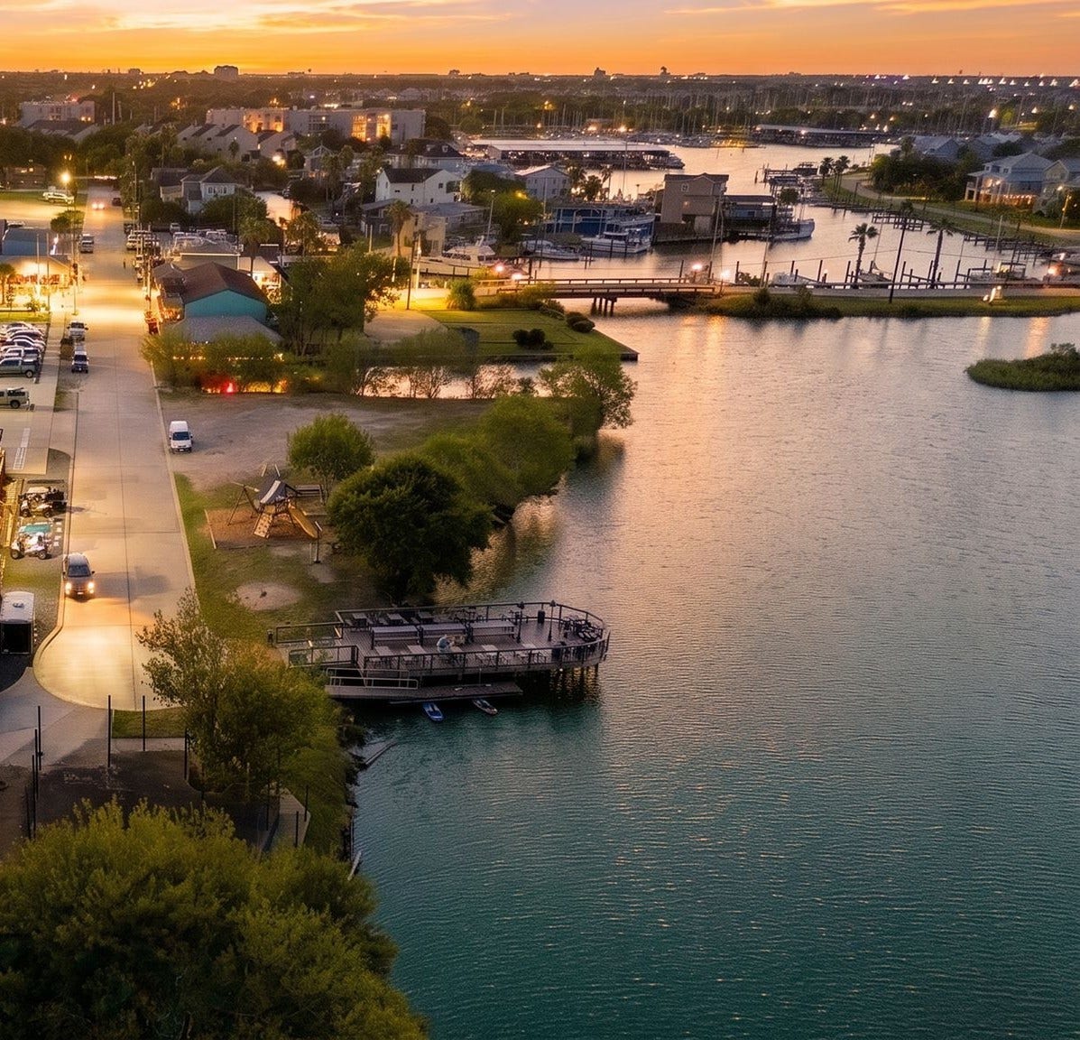 14 Harbor Lane, Kemah, TX 77565 The entrance to the island offers many eateries and options for dining and entertainment.