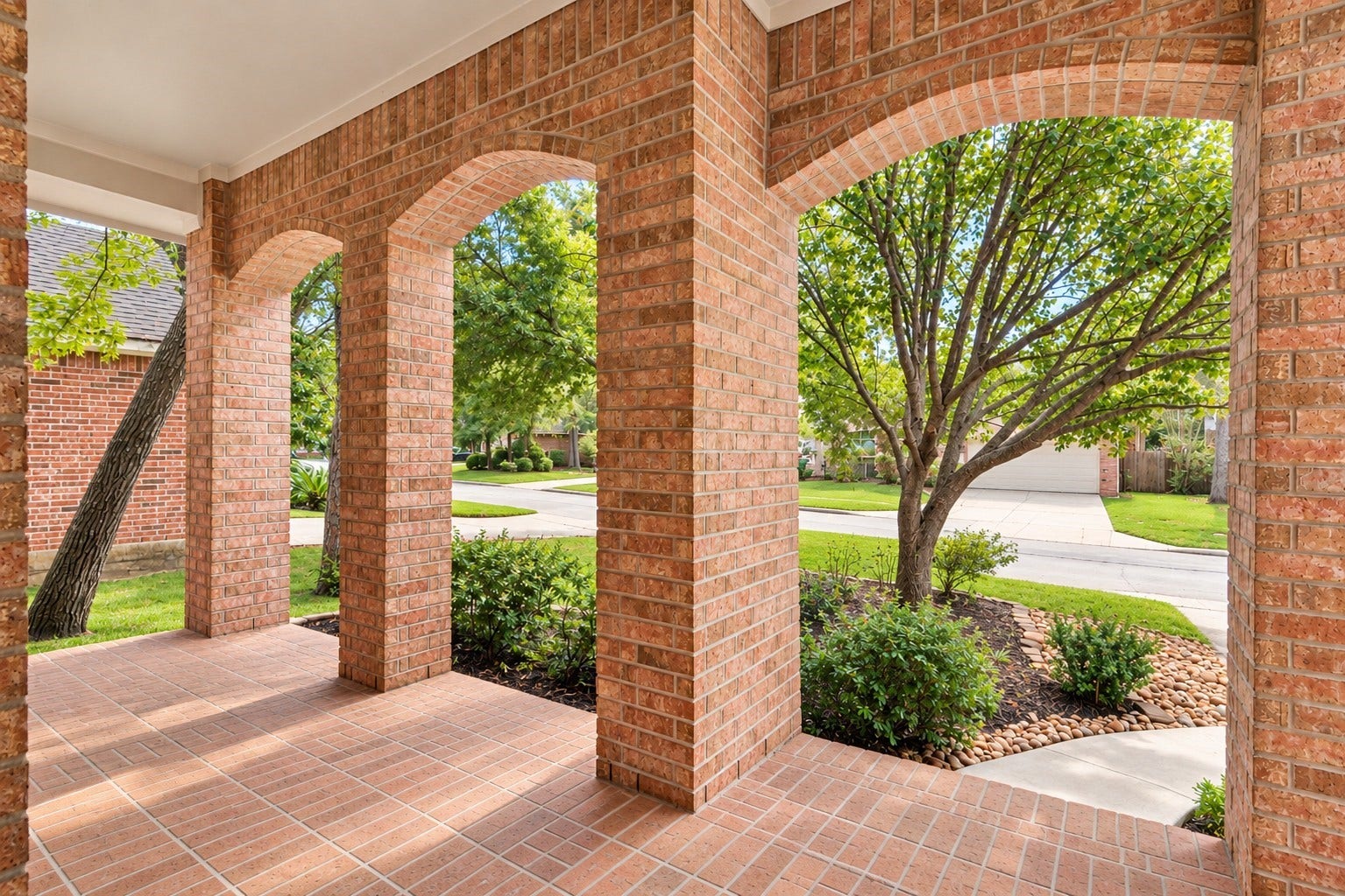 66 Bryce Branch Circle, Spring, TX 77382 Charming brick archways frame a serene view of the landscaped front yard, offering a welcoming and elegant entrance.