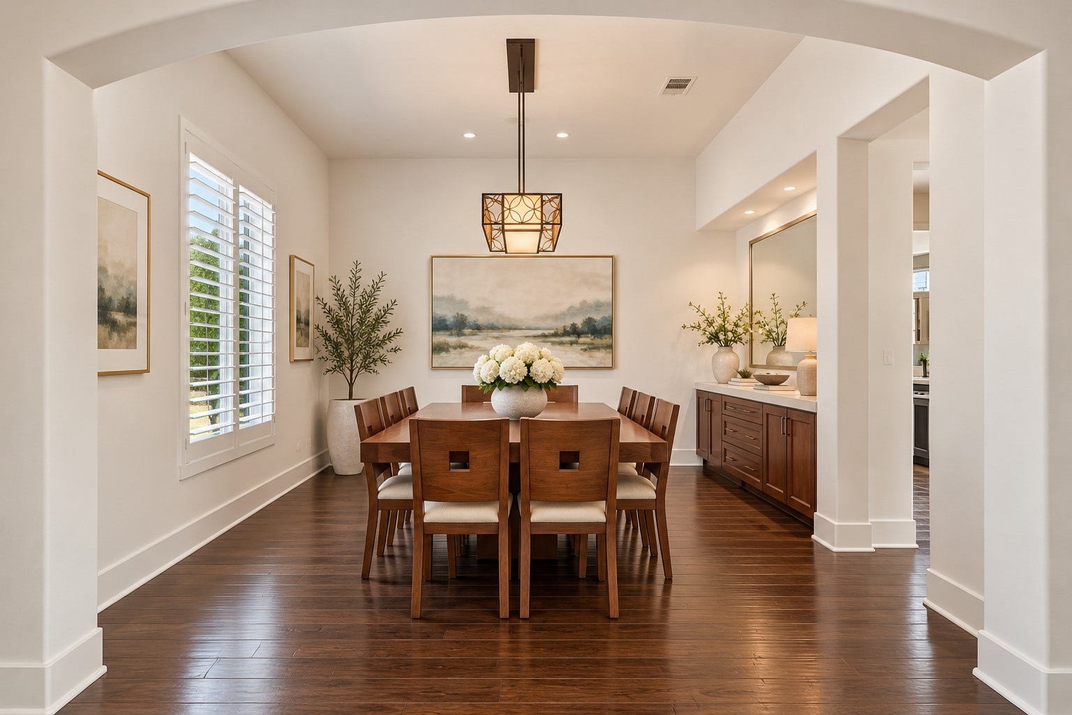 46 Lamerie Way, The Woodlands, TX 77382 Beautiful formal dining room featuring soaring ceilings, elegant lighting, rich hardwood floors, and an open, airy design perfect for entertaining.