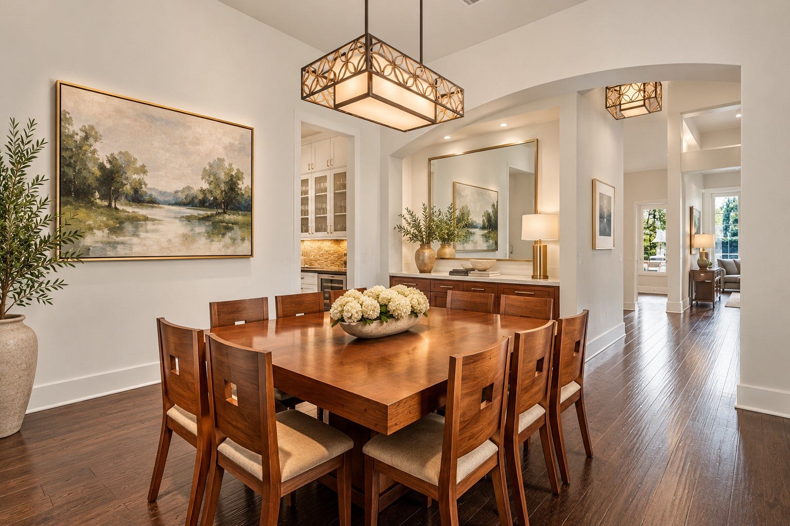 46 Lamerie Way, The Woodlands, TX 77382 Elegant formal dining room featuring a beautiful statement chandelier, sophisticated finishes, and an inviting atmosphere perfect for entertaining.