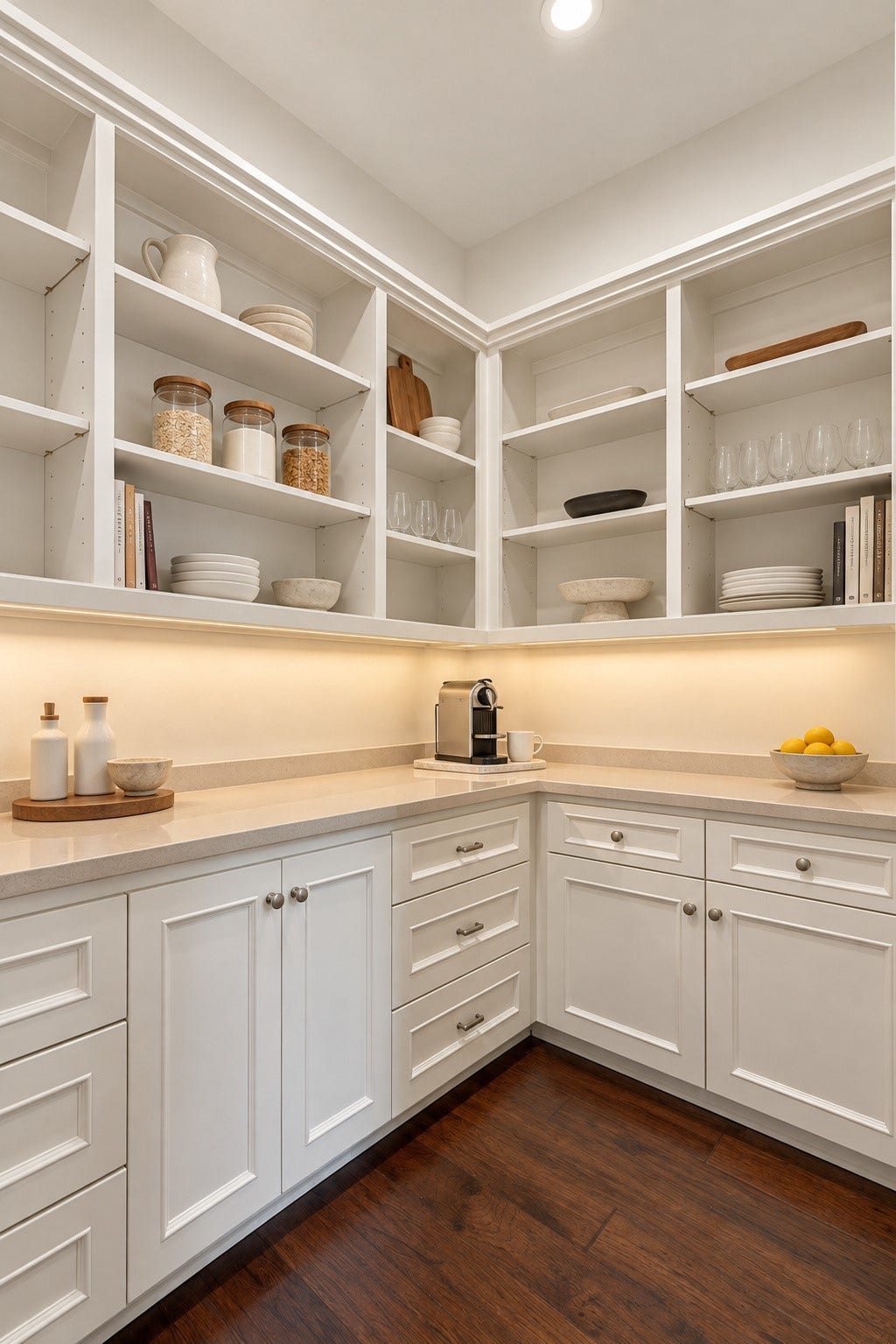 46 Lamerie Way, The Woodlands, TX 77382 Spacious walk-in pantry featuring abundant custom cabinetry, open shelving, and generous counter space for exceptional storage and organization.