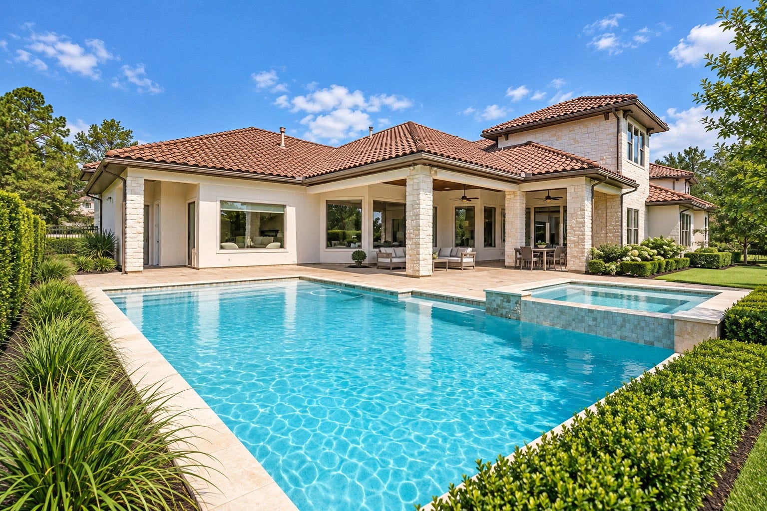 46 Lamerie Way, The Woodlands, TX 77382 Backyard retreat featuring a sparkling swimming pool, spacious covered patio, and plenty of room for outdoor dining and entertaining. The perfect setting for relaxing and enjoying outdoor living year-round.