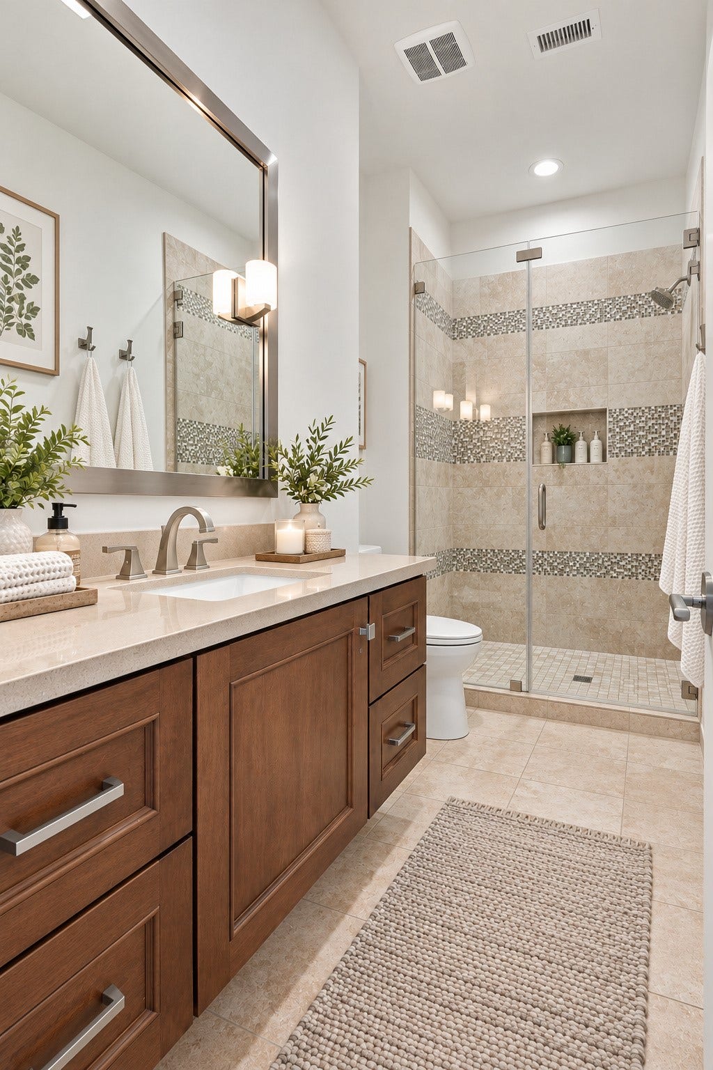 46 Lamerie Way, The Woodlands, TX 77382 Elegant upstairs full bath adjoining the spacious guest retreat, featuring a generous vanity and glass-enclosed walk-in shower.