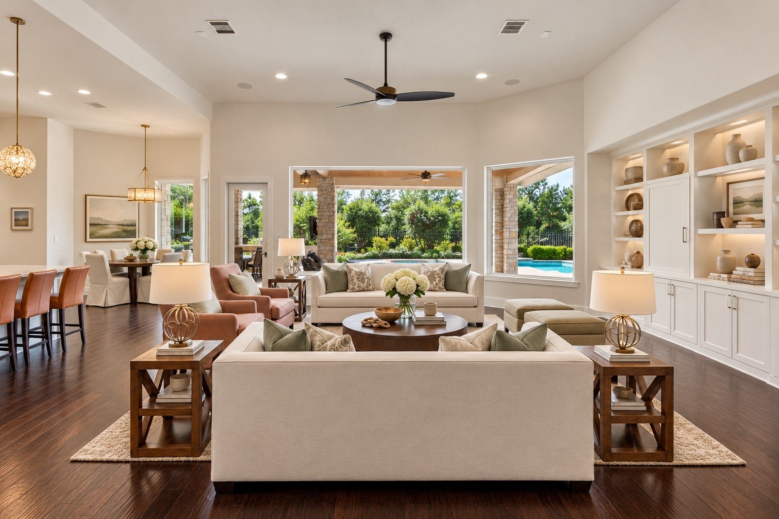46 Lamerie Way, The Woodlands, TX 77382 Expansive family room featuring soaring ceilings, beautiful built-ins, and walls of windows showcasing the stunning backyard and pool views.