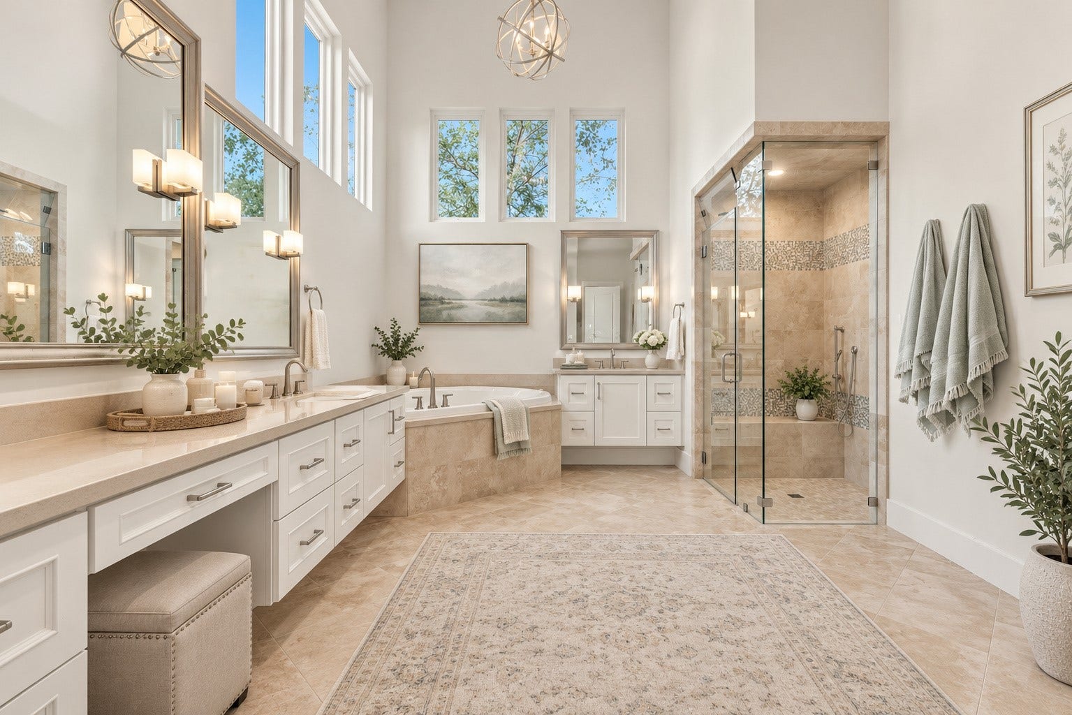 46 Lamerie Way, The Woodlands, TX 77382 Spa-inspired primary bath featuring dual vanities, a luxurious soaking tub, spacious walk-in shower, and soaring ceilings with abundant natural light.