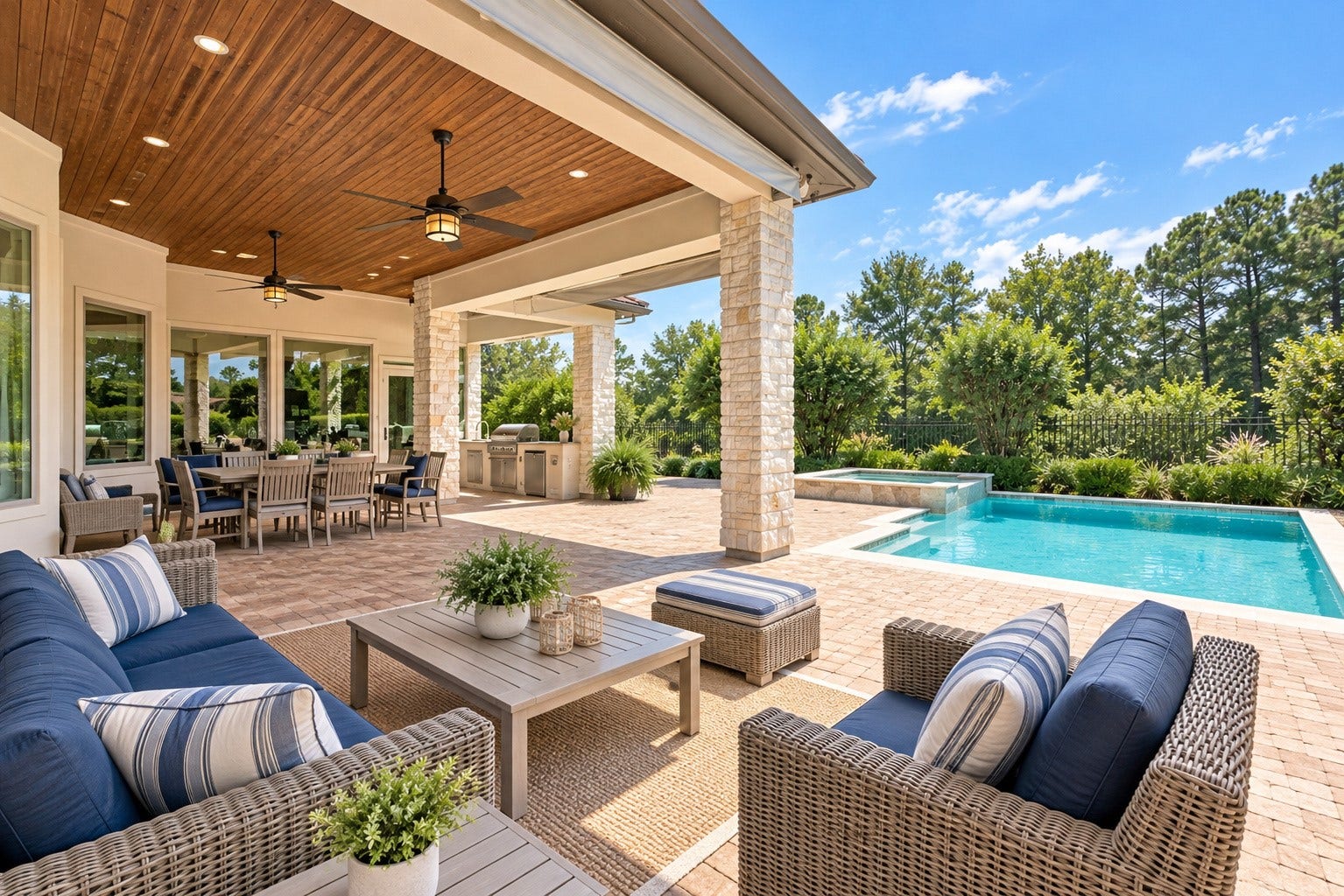 46 Lamerie Way, The Woodlands, TX 77382 Expansive covered patio featuring a beautiful wood ceiling, inviting outdoor living and dining areas, and stunning views of the resort-style pool.