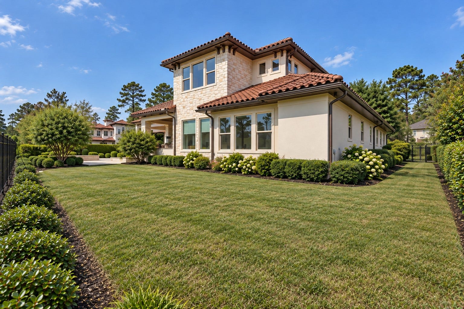 46 Lamerie Way, The Woodlands, TX 77382 Beautifully landscaped backyard featuring lush green lawn, mature trees, and manicured gardens. A peaceful outdoor setting with plenty of space to relax and enjoy the surrounding views.