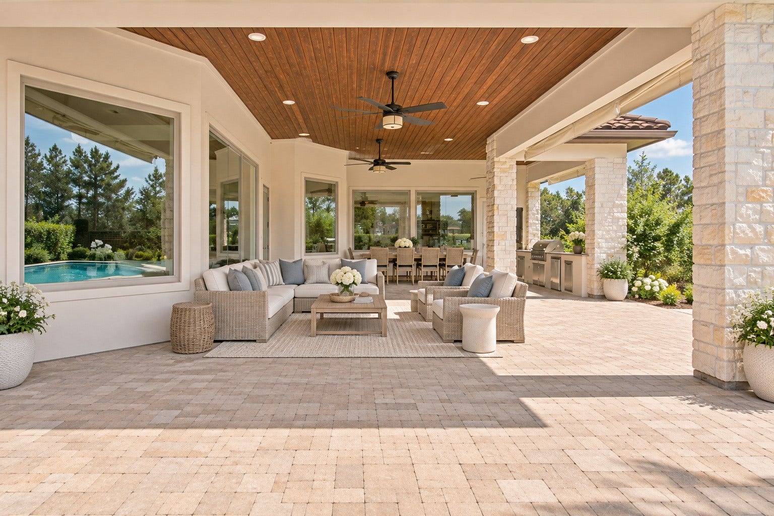 46 Lamerie Way, The Woodlands, TX 77382 An impressive outdoor living space featuring rich wood-paneled ceilings, beautiful stone columns, and an expansive covered patio designed for year-round enjoyment. Generous dining and lounge areas create the perfect setting for entertaining, all overlooking the sparkling pool and lush backyard surroundings.