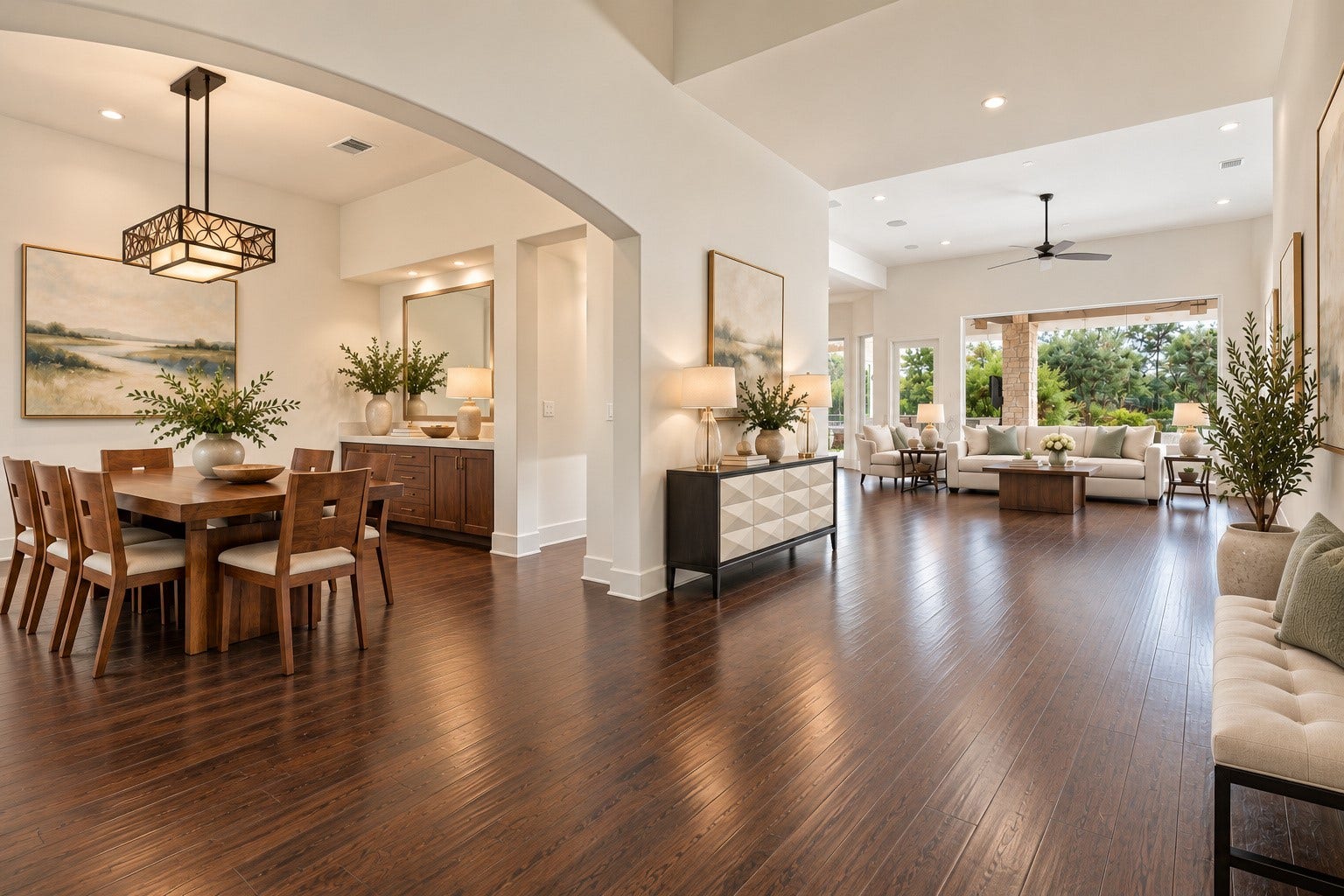 46 Lamerie Way, The Woodlands, TX 77382 Beautiful open-concept layout seamlessly connects the elegant formal dining room and spacious living area, featuring soaring ceilings, rich hardwood floors, and abundant natural light.