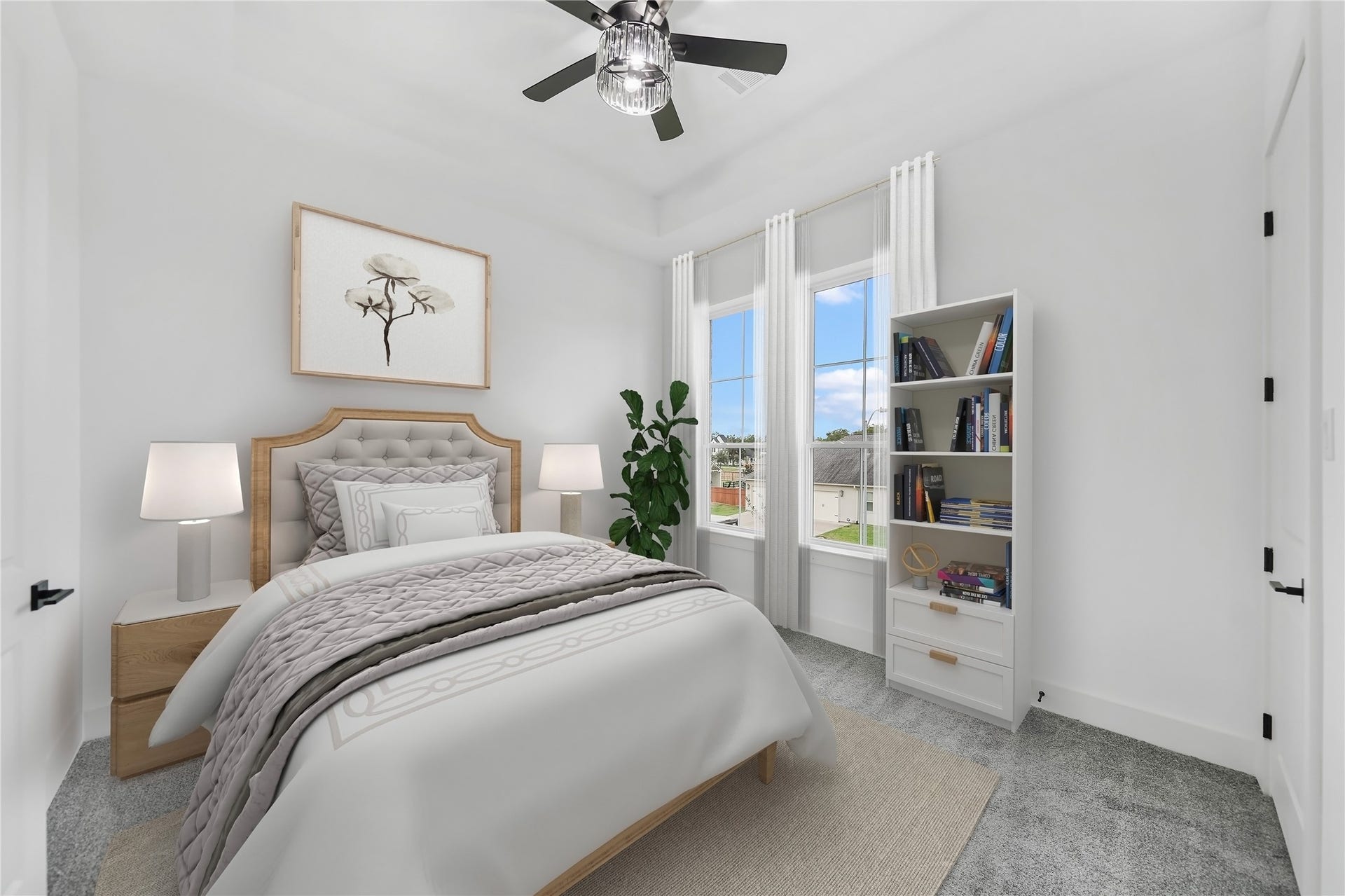 Upstairs secondary bedroom with abundant natural light and direct access to Hollywood bathroom. Virtually staged.