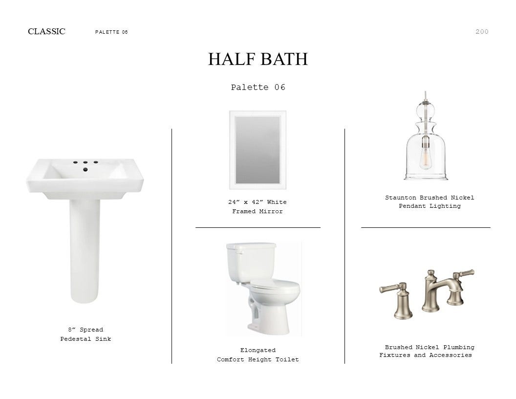 Classic Look Palette 6: Half Bath Selection Sheet (*Artist rendering used for illustration purposes only.)