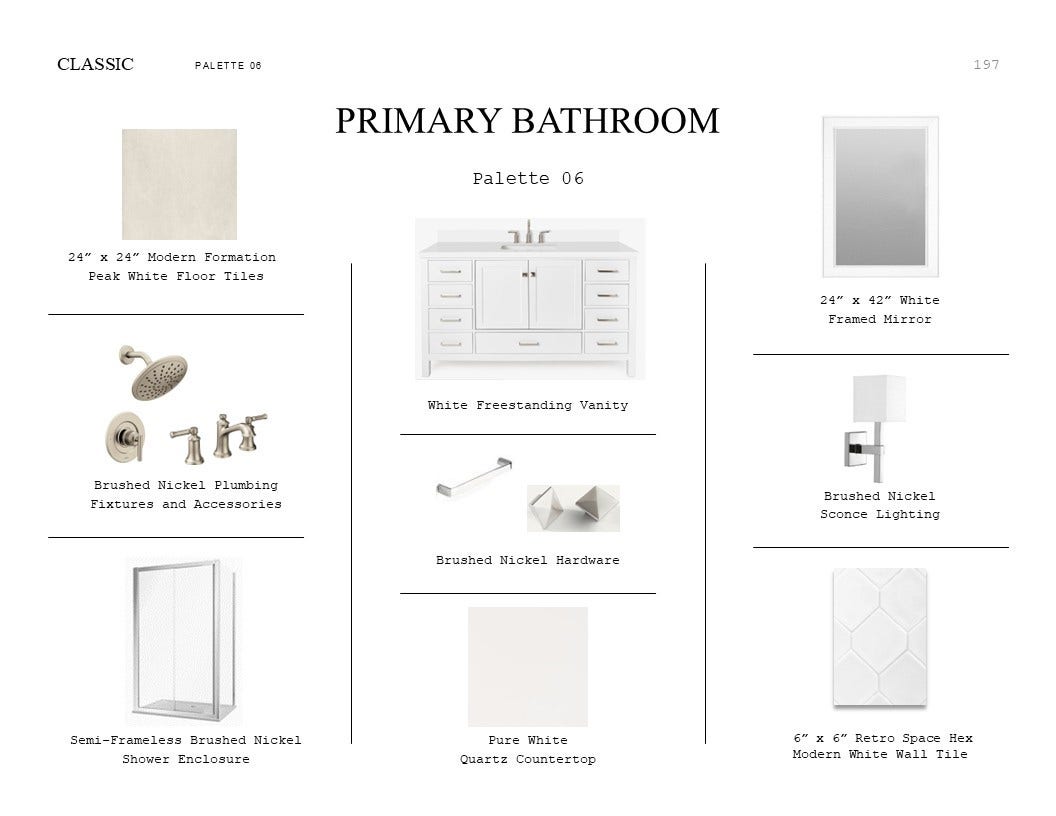 Classic Look Palette 6: Primary Bathroom Selection Sheet (*Artist rendering used for illustration purposes only.)