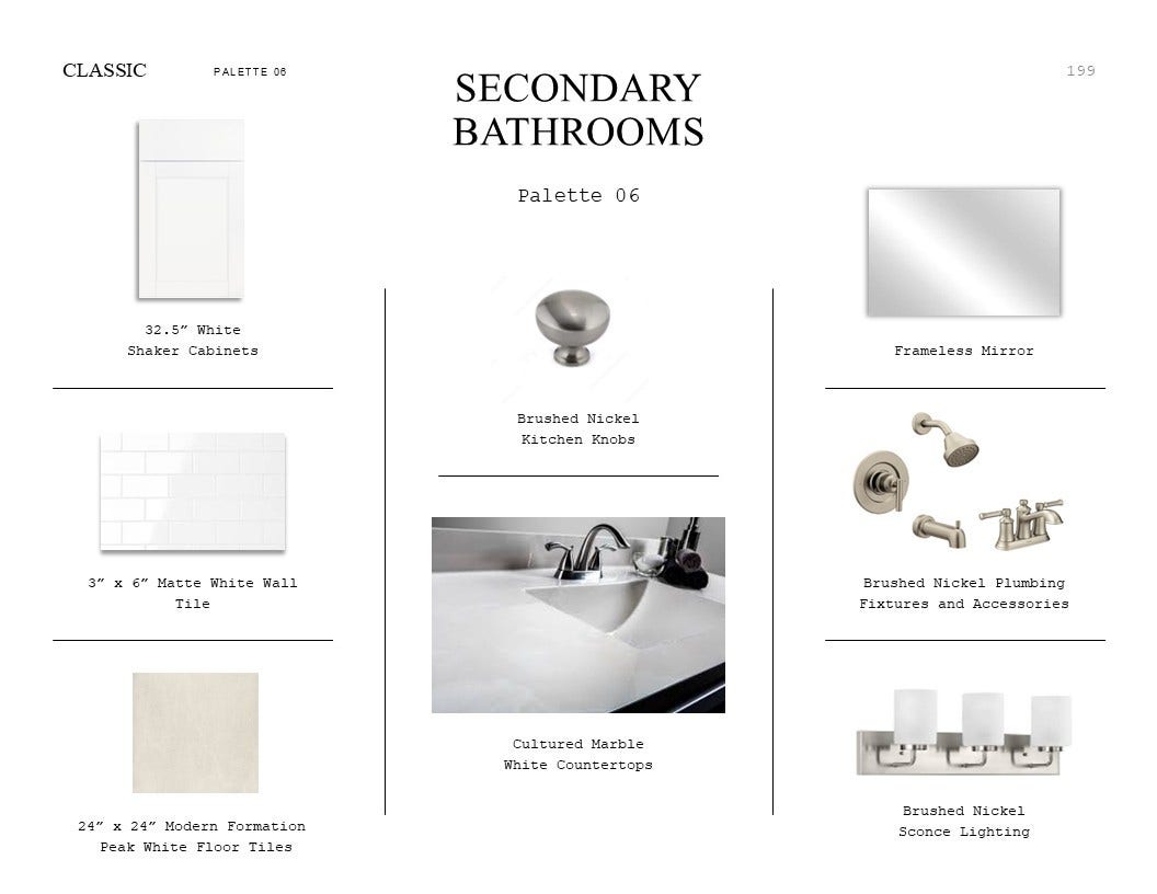 Classic Look Palette 6: Secondary Bathrooms Selection Sheet (*Artist rendering used for illustration purposes only.)