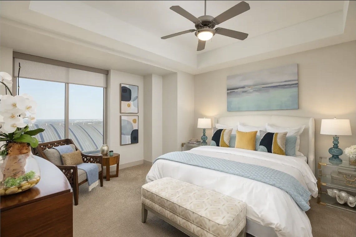 1400 McKinney Street, #2304, Houston, TX 77010 Designed for both comfort and functionality, the expansive primary suite easily accommodates a king-sized bed and additional furnishings, offering plenty of room to create your own private retreat. Oversized windows frame beautiful downtown views, adding the perfect finishing touch to this inviting space.