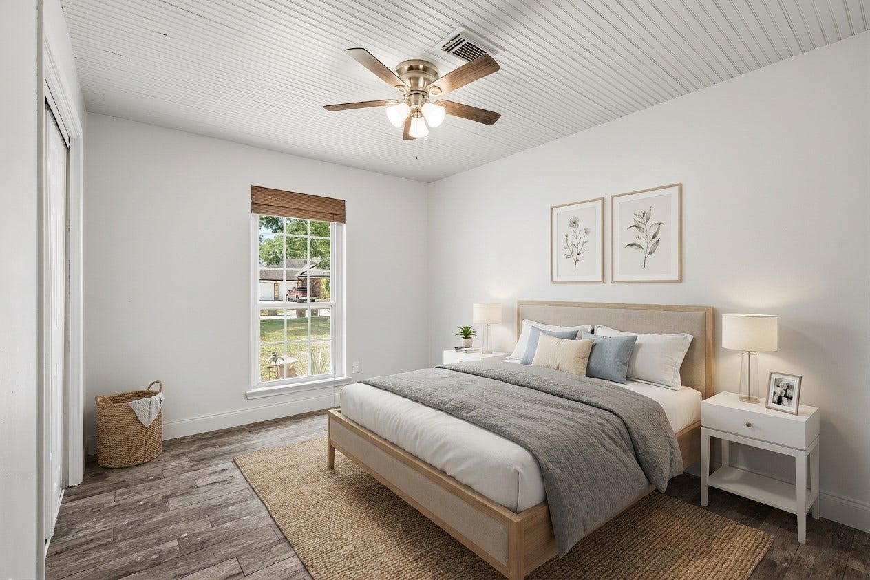 25806 Old Carriage Lane, Spring, TX 77373 Step into this serene bedroom retreat, featuring a large window, ceiling fan and decorative ceiling. This image is AI enhanced.