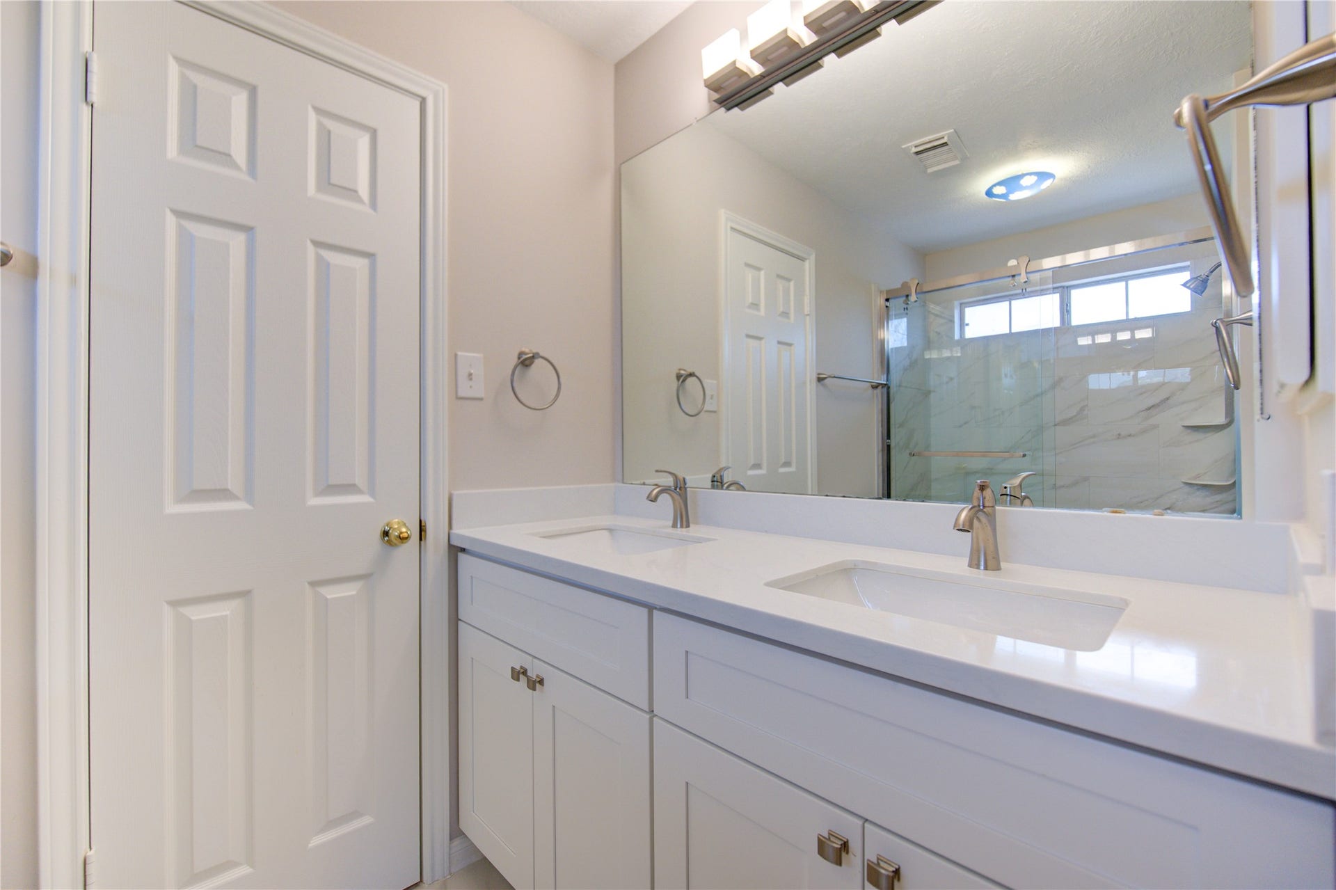 New White Double-Sink Bathroom Vanity with Granite Top