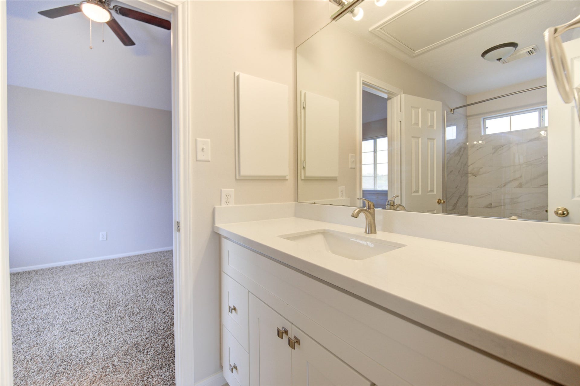 New White Double-Sink Bathroom Vanity with Granite Top
