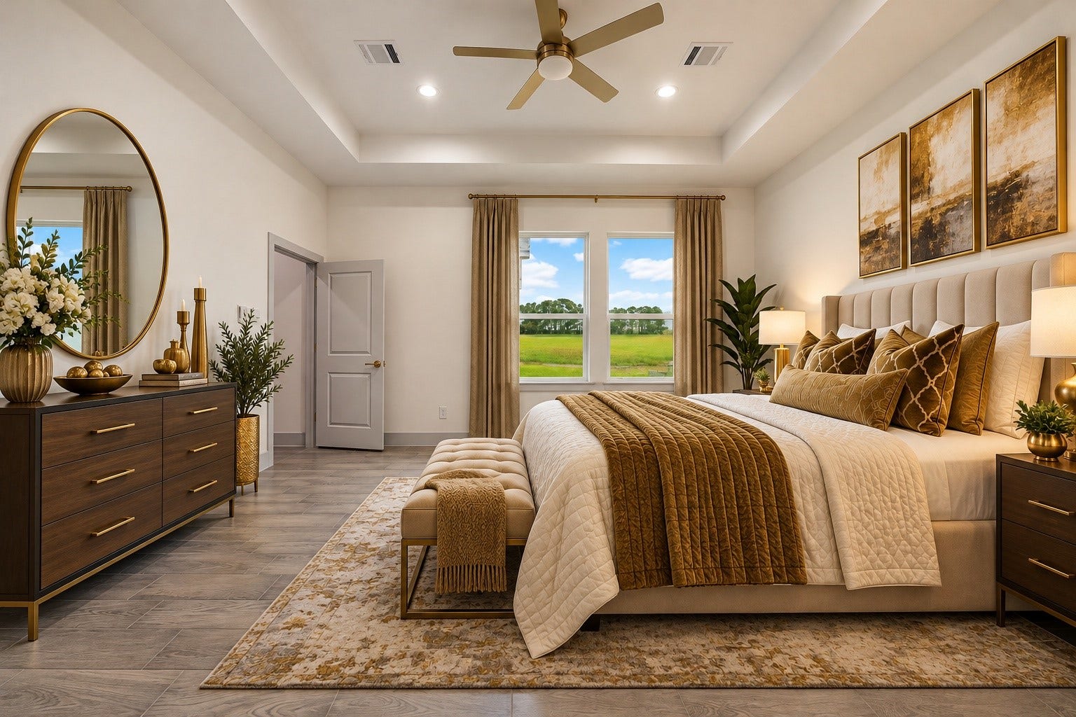 619 Longhorn Trail, Angleton, TX 77515 Elegant and spacious 16x13 staged primary bedroom with a warm, neutral palette, featuring a plush upholstered bed, stylish wooden furniture, and large windows offering scenic views.