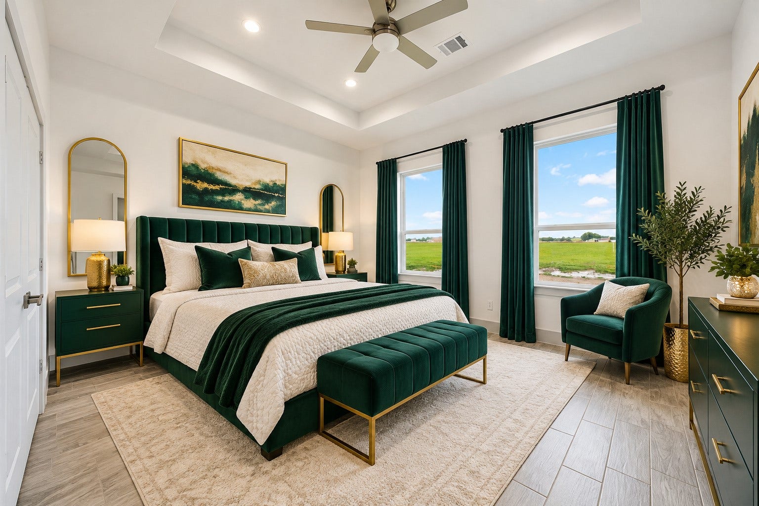 619 Longhorn Trail, Angleton, TX 77515 Elegant staged 14.5x12 third bedroom complemented by tray ceilings, modern ceiling fan large windows with serene views.