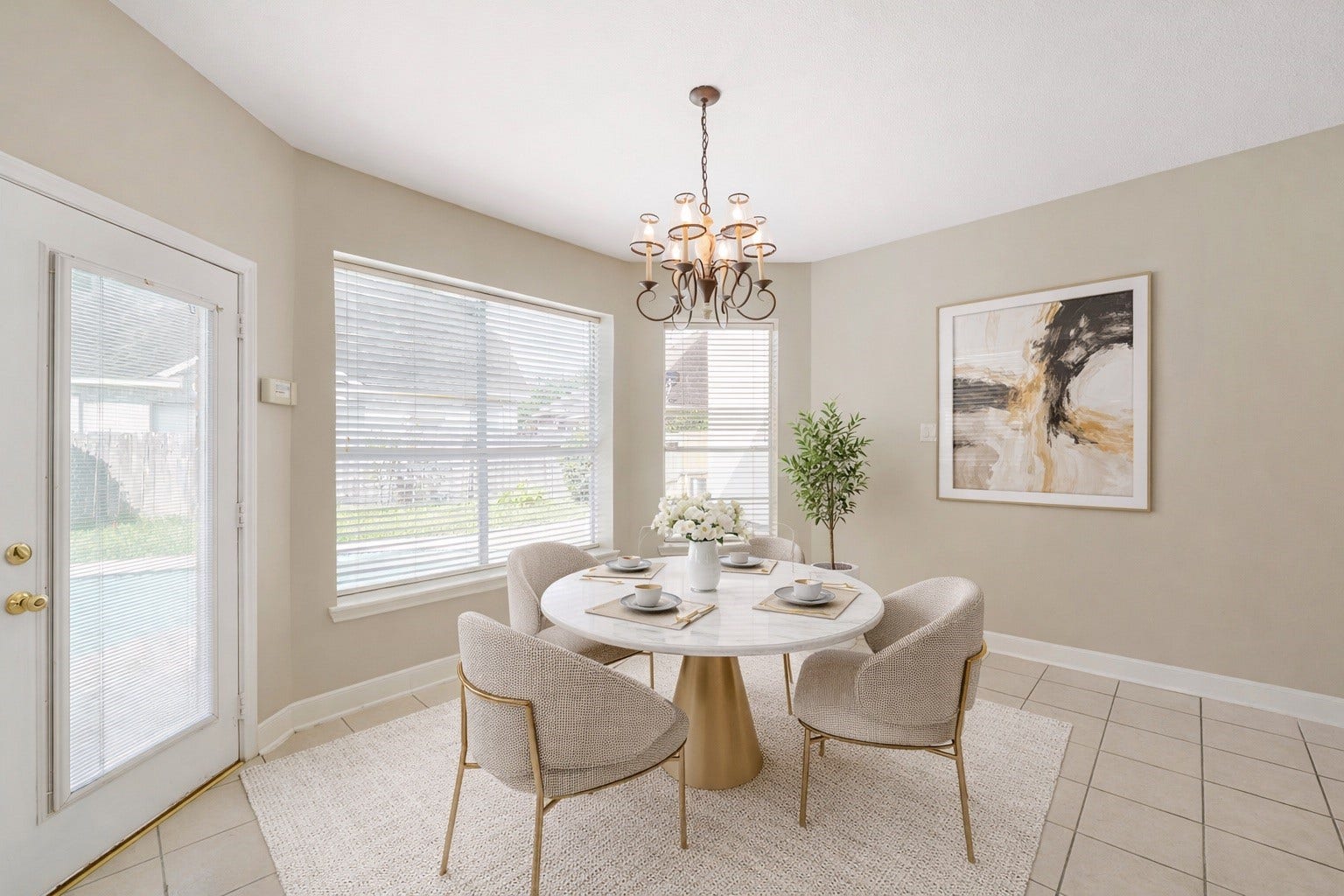3907 Garnet Falls, Sugar Land, TX 77479 *Virtually staged* The breakfast area, situated next to the kitchen, features doors that lead to the garage and backyard.
