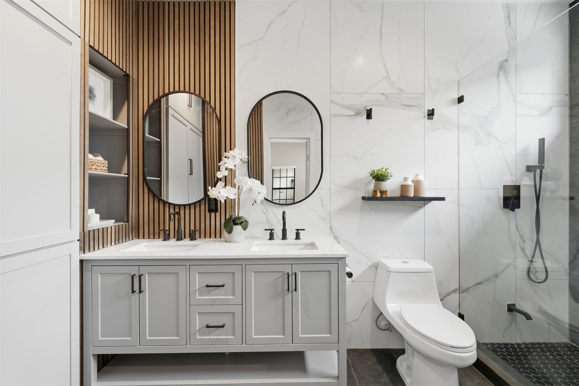 2109 Sul Ross Street, Houston, TX 77098 Luxurious bathroom featuring a double vanity and designer walk-in shower