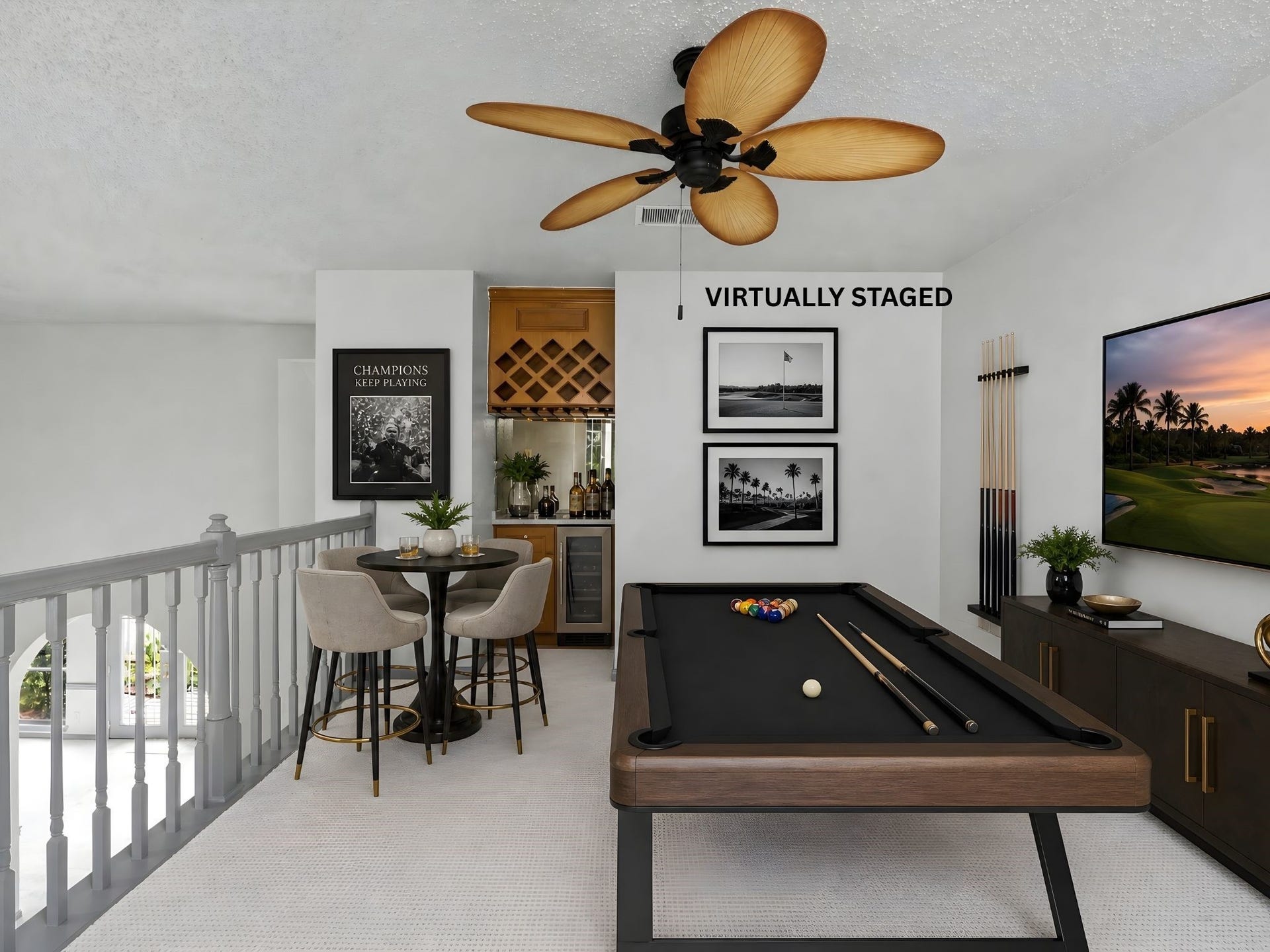 Virtually staged game room demonstrating how this bonus space can become the ultimate entertainment hub, complete with a built-in wine cabinet for effortless hosting.