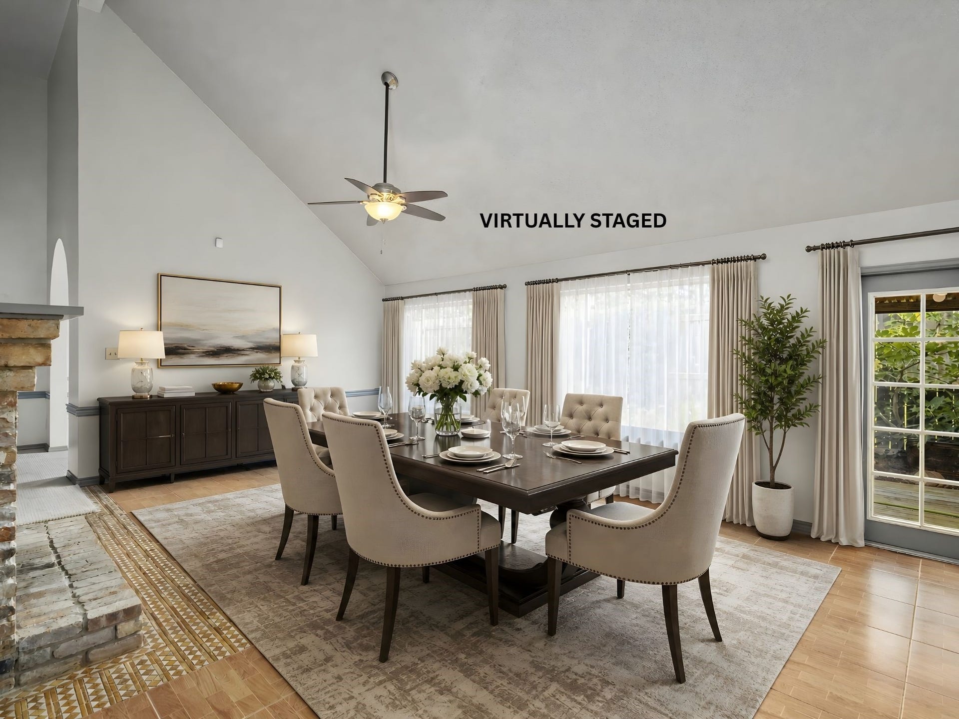 A different angle of the virtually staged dining space, highlighting how naturally it connects to the surrounding rooms for effortless entertaining.