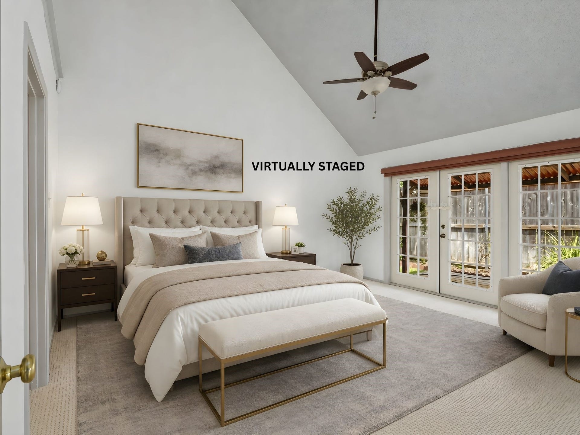 The virtually staged primary bedroom, illustrating how the room's generous proportions and natural light create a peaceful private retreat.