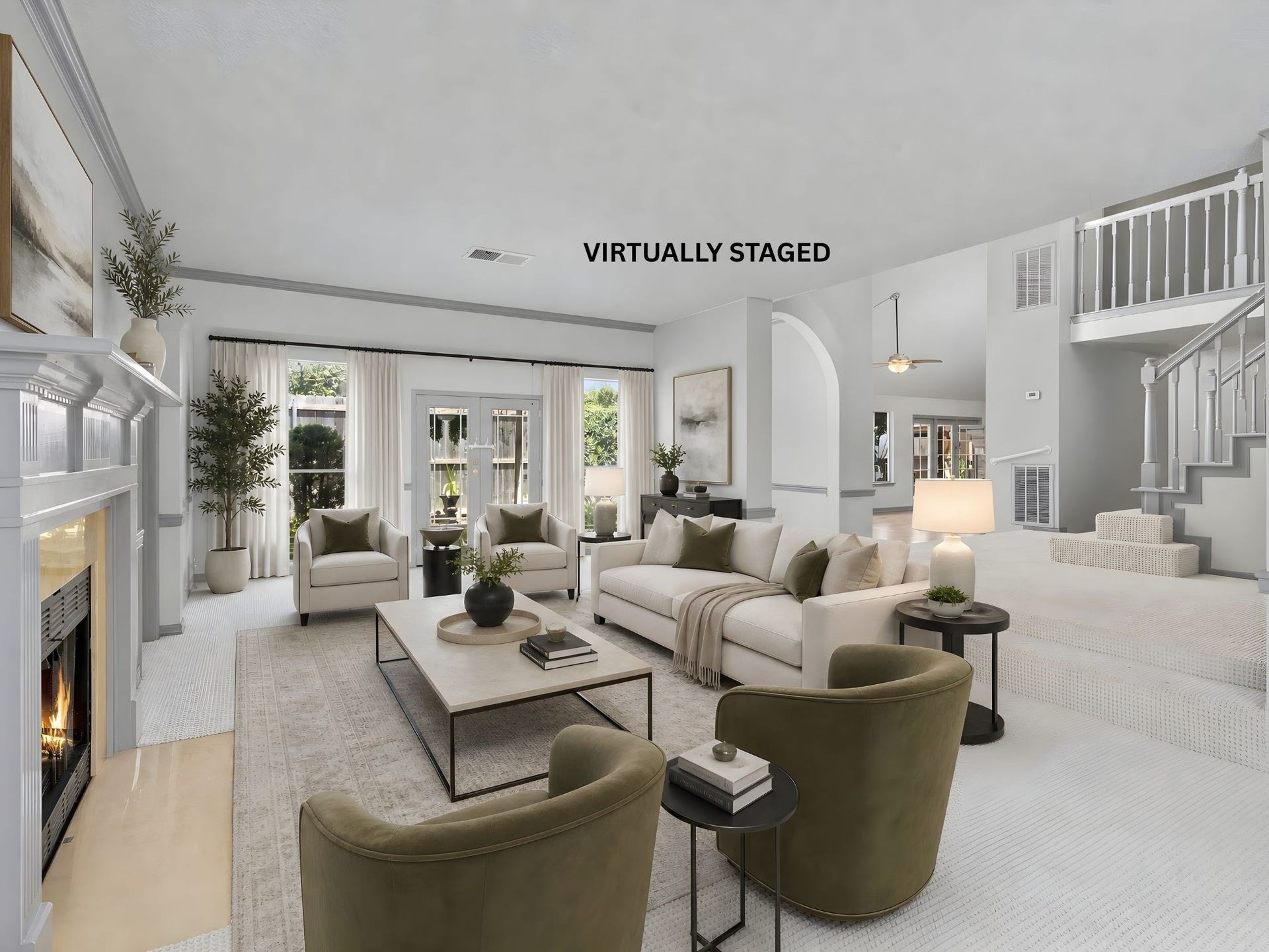 Another virtually staged view of the living room, showcasing tall windows that flood the space with light and frame views of the outdoors.