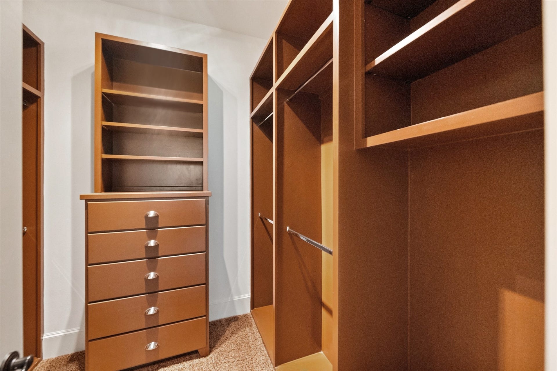 Expansive walk-in closet featuring custom built-ins for optimal organization.