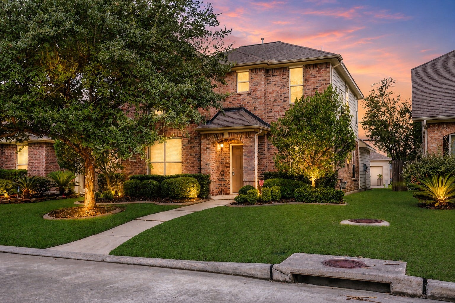 Welcome to 17247 Mitchell Pass Ln. Note: Image is digitally altered, there is no exterior lighting in yard.