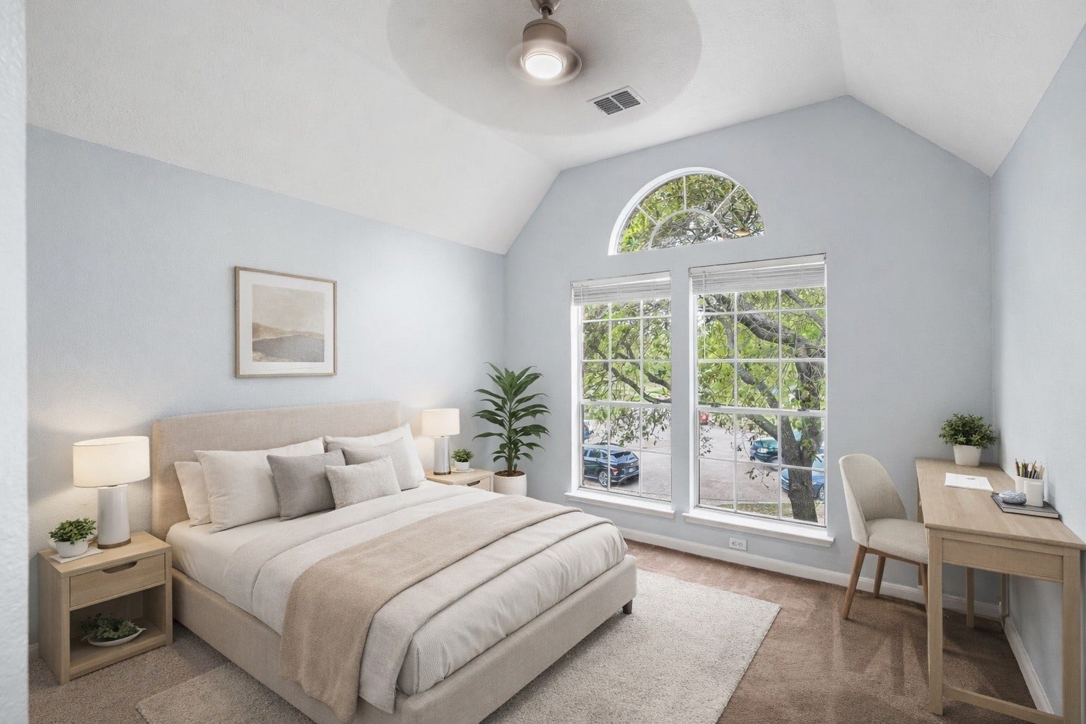 2623 Pine Shadows Drive, Sugar Land, TX 77479 Fall in love with this upstairs secondary bedroom, featuring soaring ceilings, stunning arched windows, and huge windows that flood the room with natural light