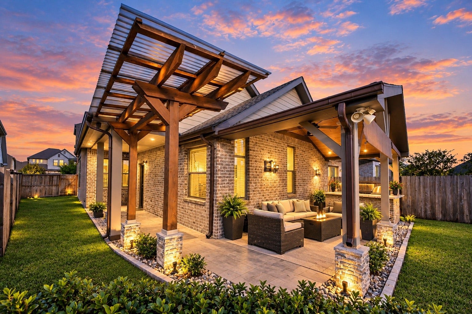 6110 Dovetail Cliff Court, Katy, TX 77493 Stunning backyard retreat featuring an expansive covered patio, pergola, and beautifully maintained landscaping.