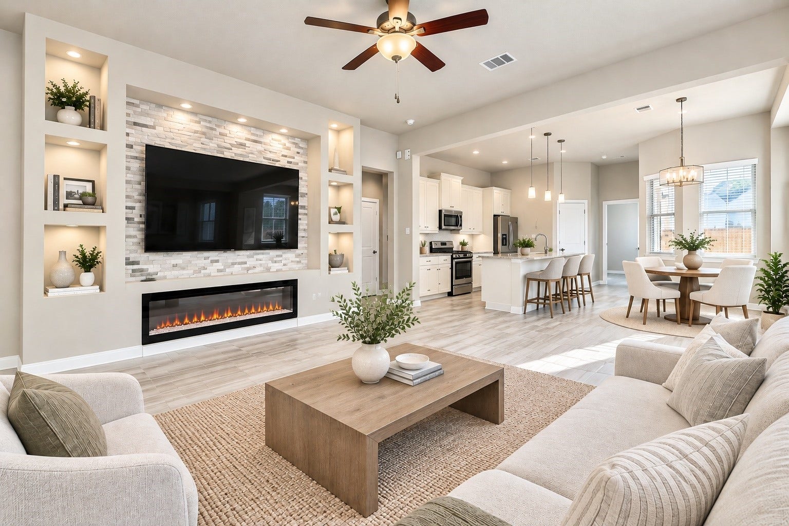 6110 Dovetail Cliff Court, Katy, TX 77493 Inviting family room with a stylish fireplace, custom accent wall, and plenty of space for entertaining. *Photo is virtually staged*