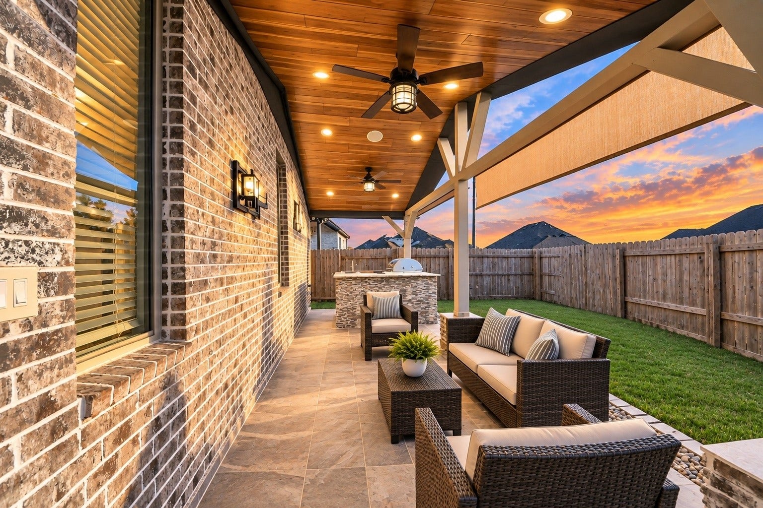 6110 Dovetail Cliff Court, Katy, TX 77493 Enjoy outdoor relaxation beneath the spacious covered patio with wood accented ceilings and comfortable seating areas.